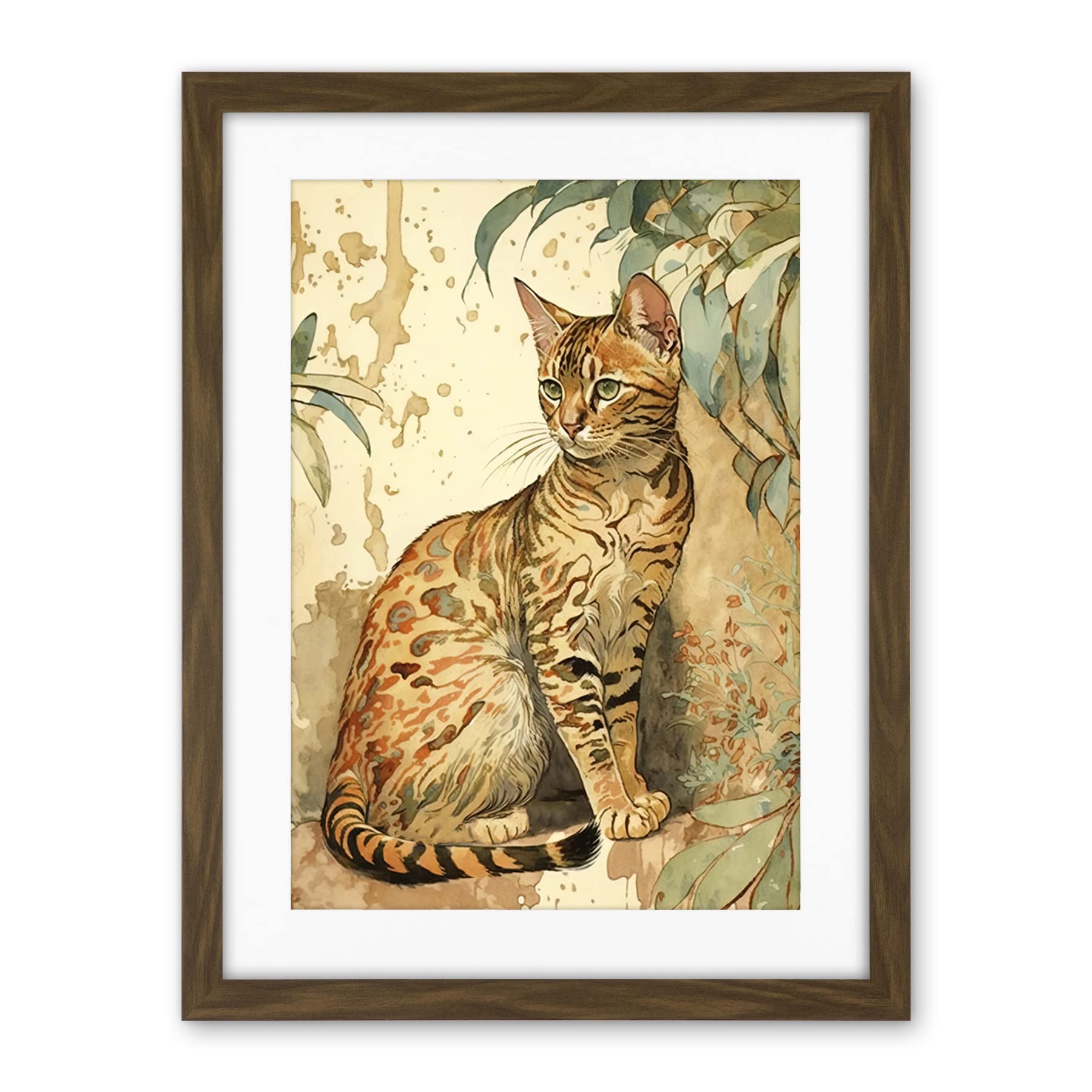 Artery8 Marble Coat Bengal Cat Perched on Street Wall Watercolour Illustration Artwork Framed Wall Art Print 18X24 Inch