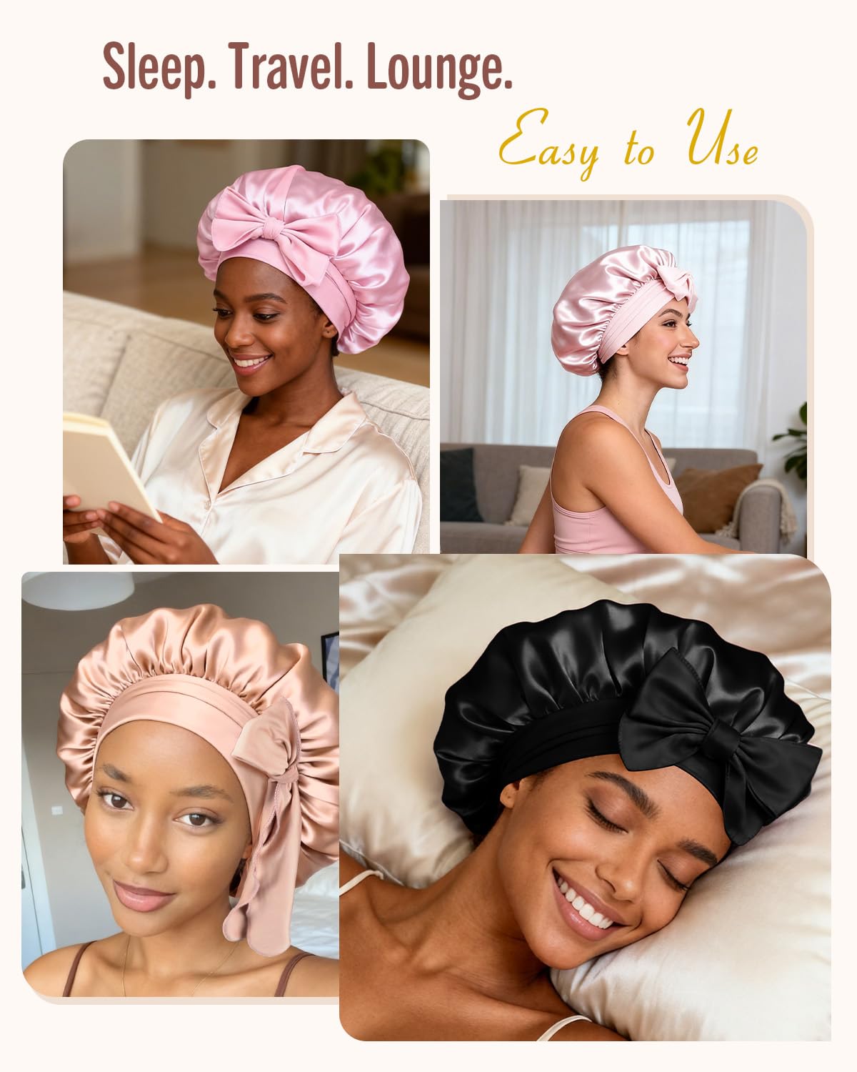 BONNET QUEEN Double Layer Silk Bonnet for Sleeping for Women Satin Lined Bonnet Night Cap for Curly Hair with Tie Band,Black