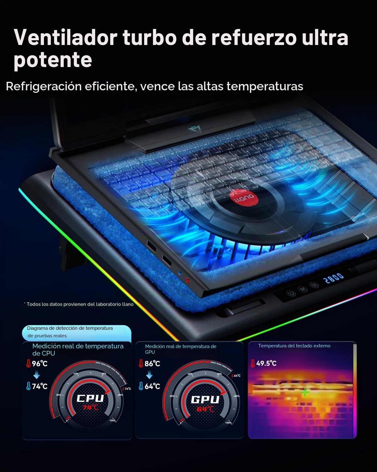 llano Base refrigeradora portatil Gaming RGB con Velocidad Ajustable Ventilador Turbo de 14 cm Extra concentrador USB de 3 Puertos y Filtro de Polvo para portátiles de 38 a 48 cm