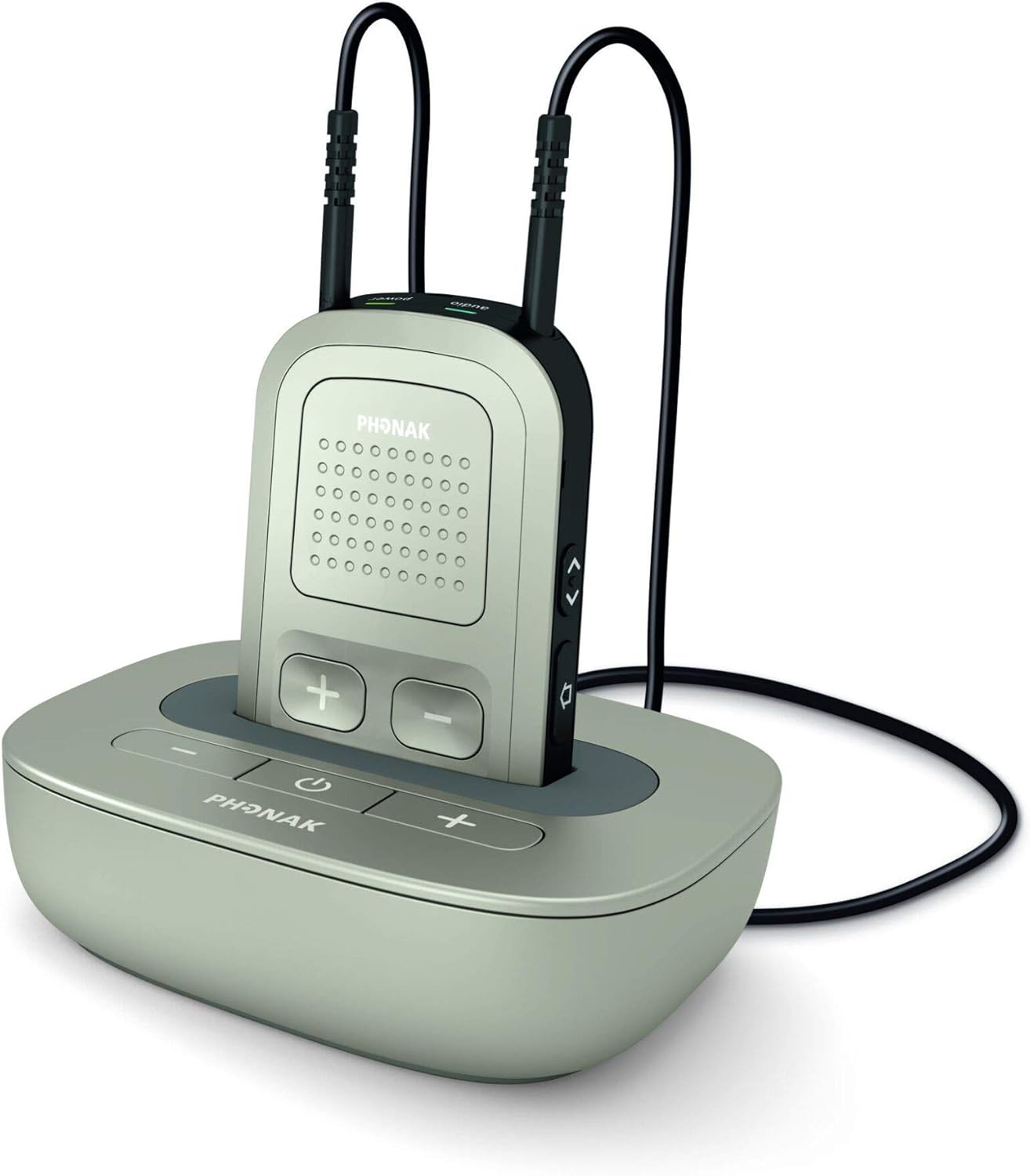 Phonak ComPilot II device placed in a charging dock