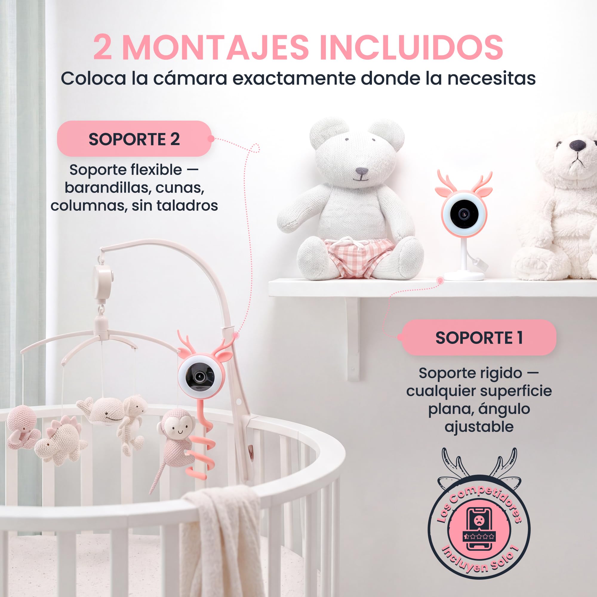 BABYSURE&CONFORT Camara Vigilancia Bebe - 4MP, Soporte Flexible y Rigido, Luz LED, Vigilabebes con Audio Bidireccional, Vision Nocturna, Alarma Llanto y Movimiento, Wi-Fi 2.4GHz Smart App móvil (Rosa)