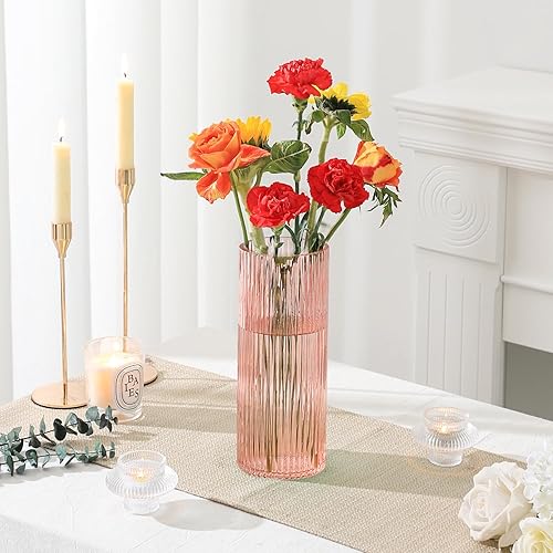 Miniatura 2 de YANWE1 Jarrón de cristal rosa, florero de cristal, florero de vidrio acanalado, florero cilíndrico alto de vidrio para centros de mesa, sala de