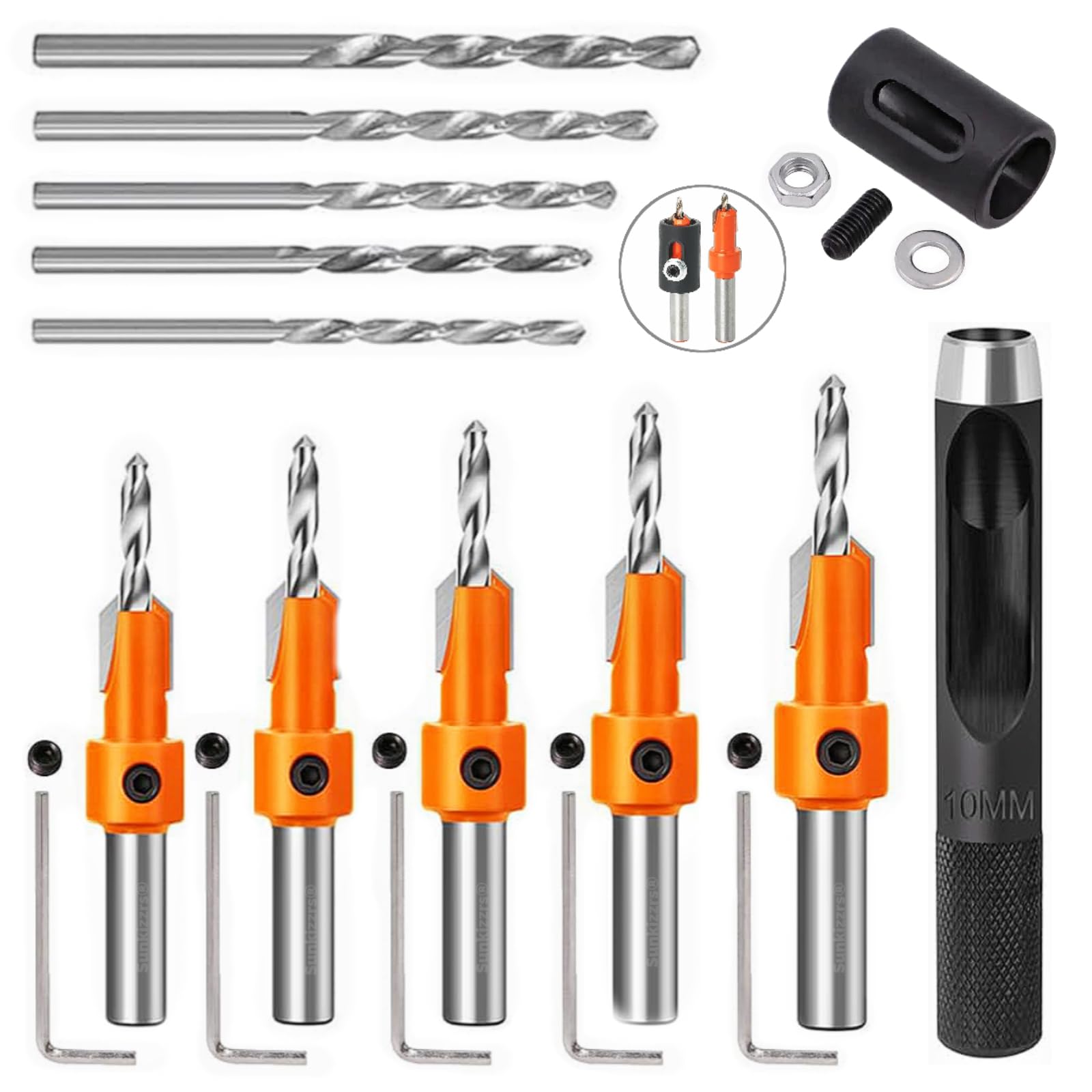Sunkizzrs® 12-Pcs Countersink Drill Bit Set for Woodworking—10mm Aperture -5/16"Round Shank with Extra Pilot Drill Bit & 10mm Dia Hole Punching Tool & Adjustable Depth Stop Collar (2.8/3/3.2/3.5/4mm)-image-42