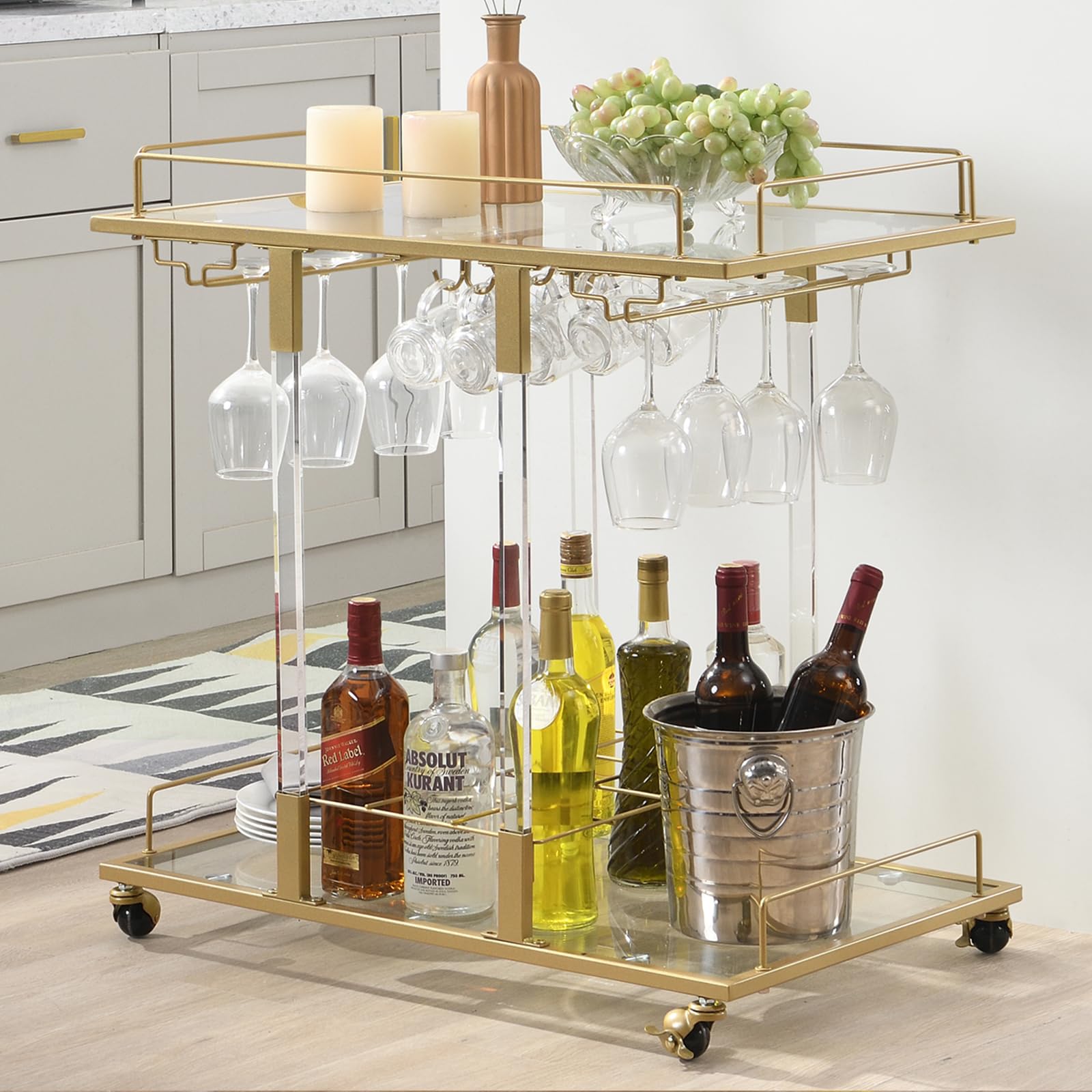 FERFALDER Bar Cart for Home Bar Chrome Serving Cart with Wine Rack 2-Tier Acrylic Rolling Bar Carts on Wheels Clear Dessert Cart Lucite Bar Stand