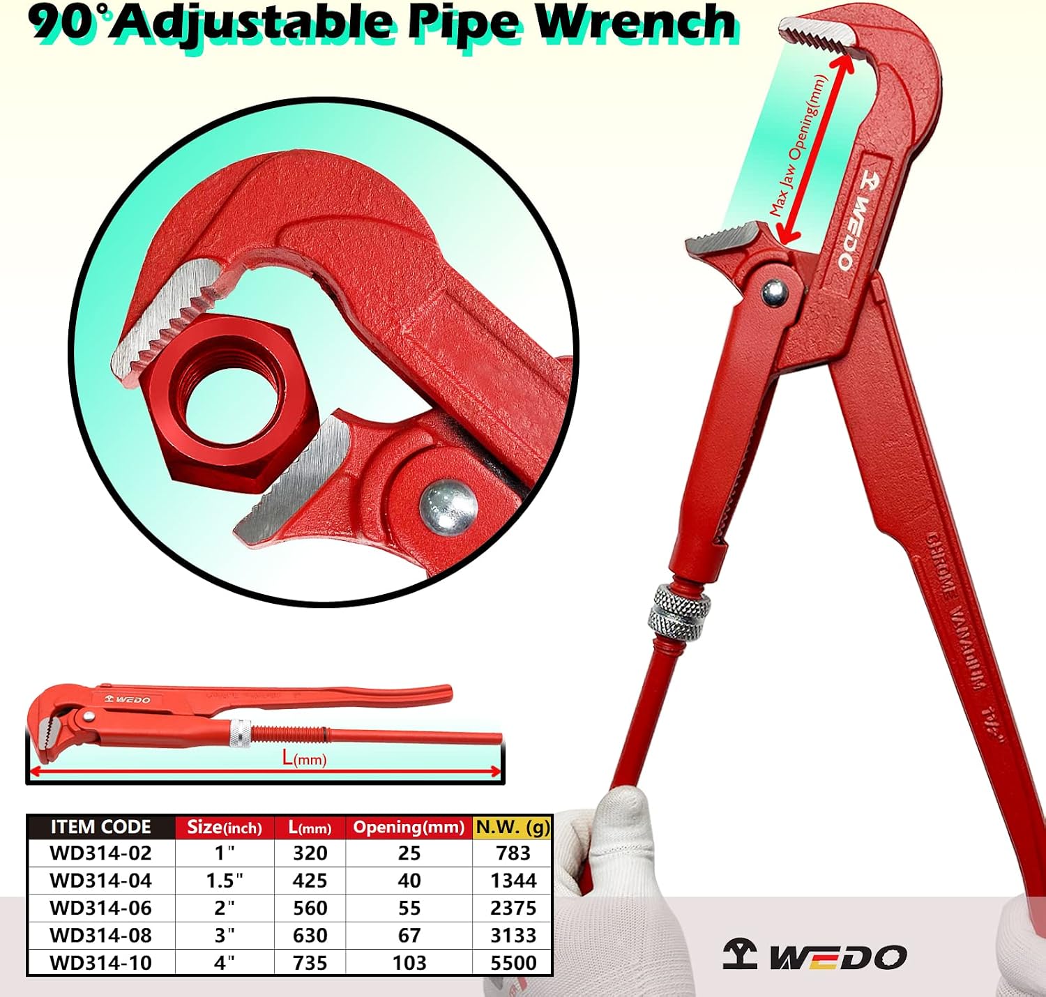 WEDO Swedish Pipe Wrench 90 Degree Angled, Water Pump Wrench, Pipe clamping diameter 3", length 630mm, Max jaw opening 8mm, CR-V Steel, Die-forged, Heat Treatment