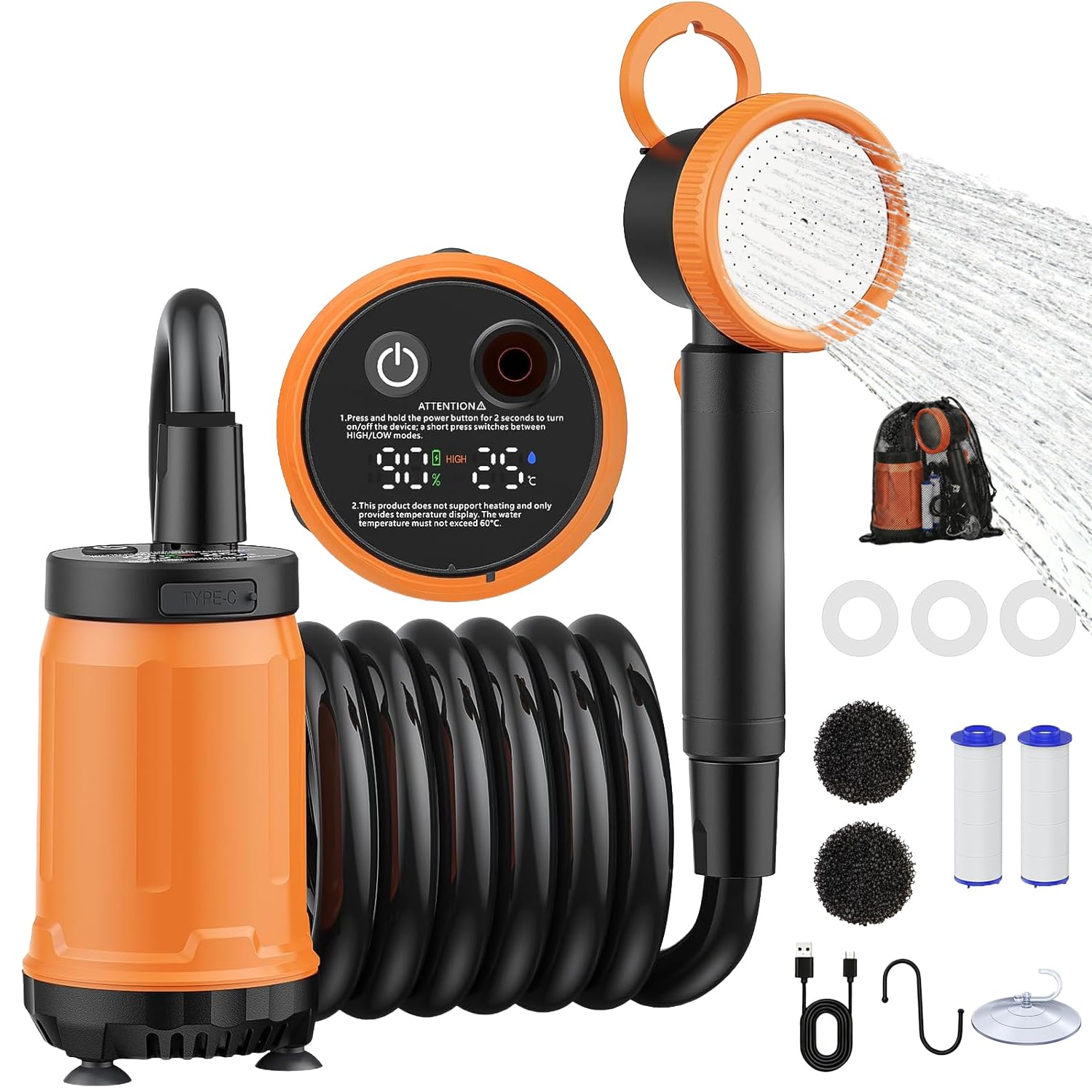 Douche de camping portable, 8000 mAh rechargeable avec affichage de la batterie LED, pompe de douche électrique étanche IPX8, autonomie de 150 minutes, haute pression pour camping, vie en van