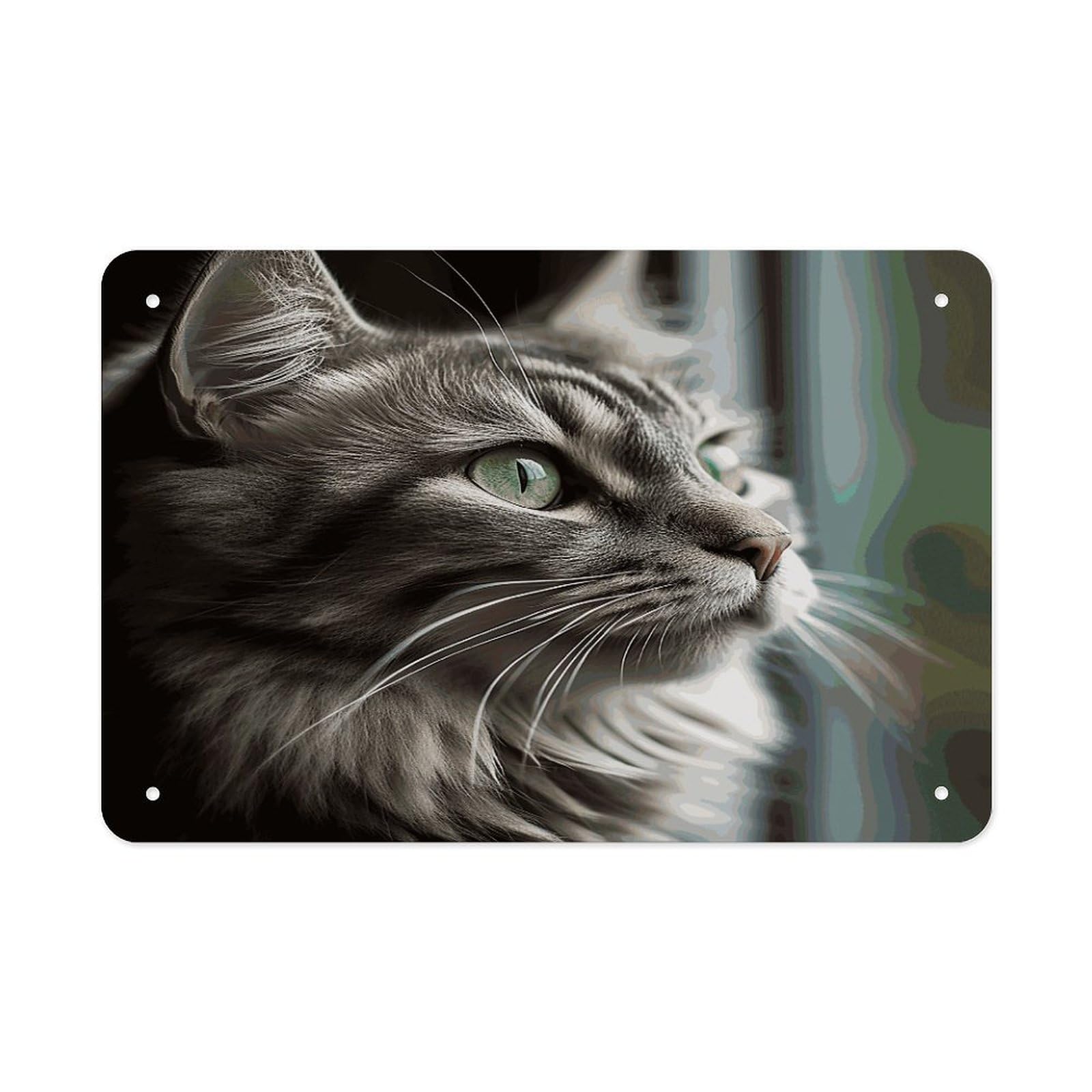 Fekiloot Style Gray Cat With Green Eyes Metal Signs Wall Art Tin Sign