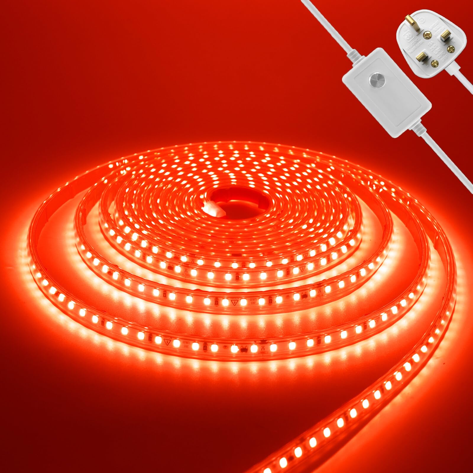 KAFULA 220V Dimmable LED Light Strip - 6M Red Super Bright LED Fairy Light CRI85+, IP65 Waterproof Flexible, Can be Cut Every 10cm | 120 LEDs/m | Home Decor