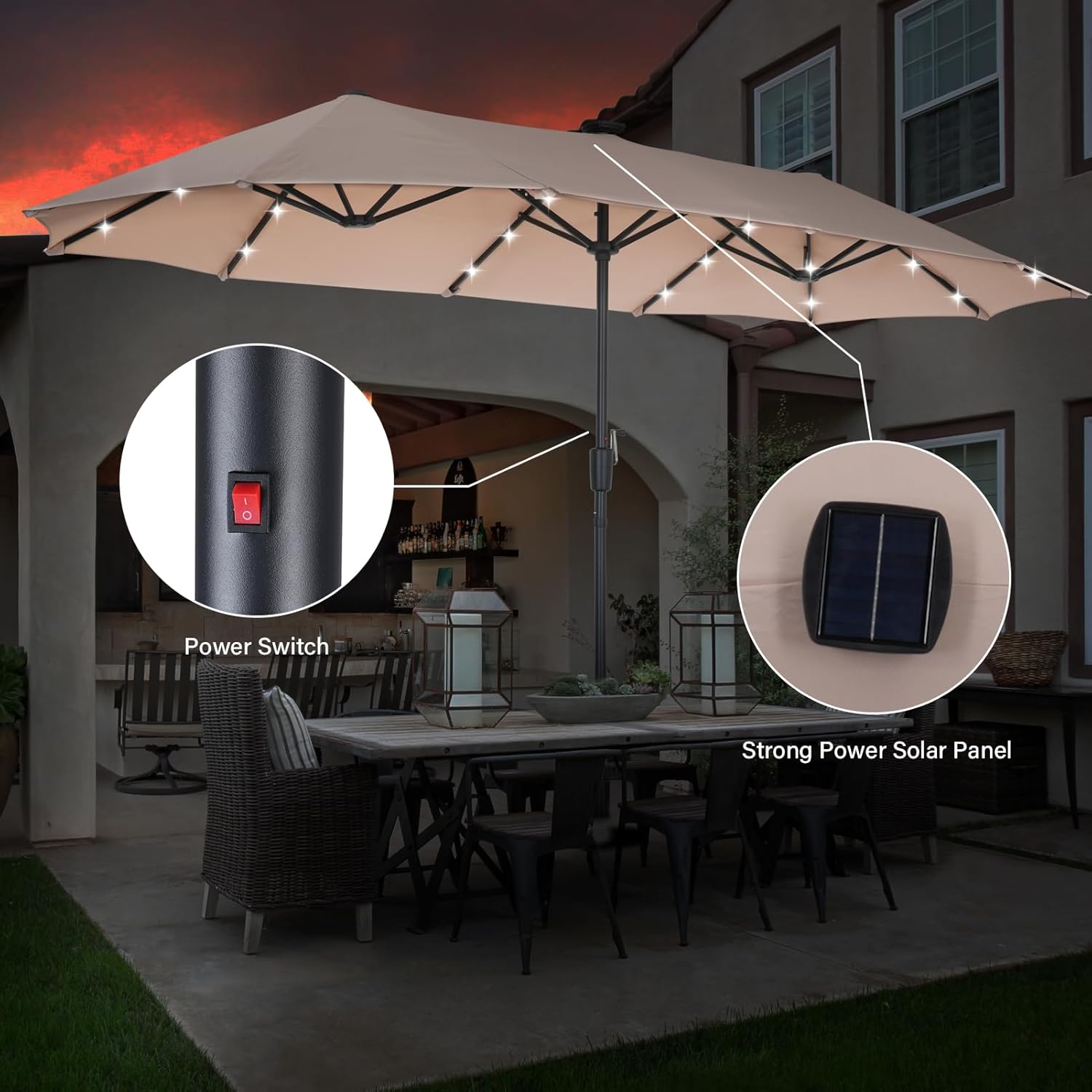 13ft/15ft Large Patio Umbrella with Base Included, Double-Sided Rectangle Outdoor Market Umbrella with Stand, Shade Umbrella for Garden Deck Backyard Poolside Lawn