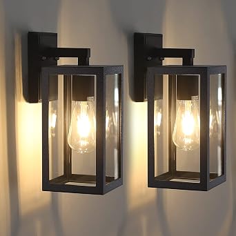 Outdoor Wall Lights Black Wall Lantern Porch Light, Aluminum Exterior Wall Lanterns with Clear Glass Shade Anti-Rust Outdoor Wall Sconce Light Fixture, Matte Black, 2 Packs