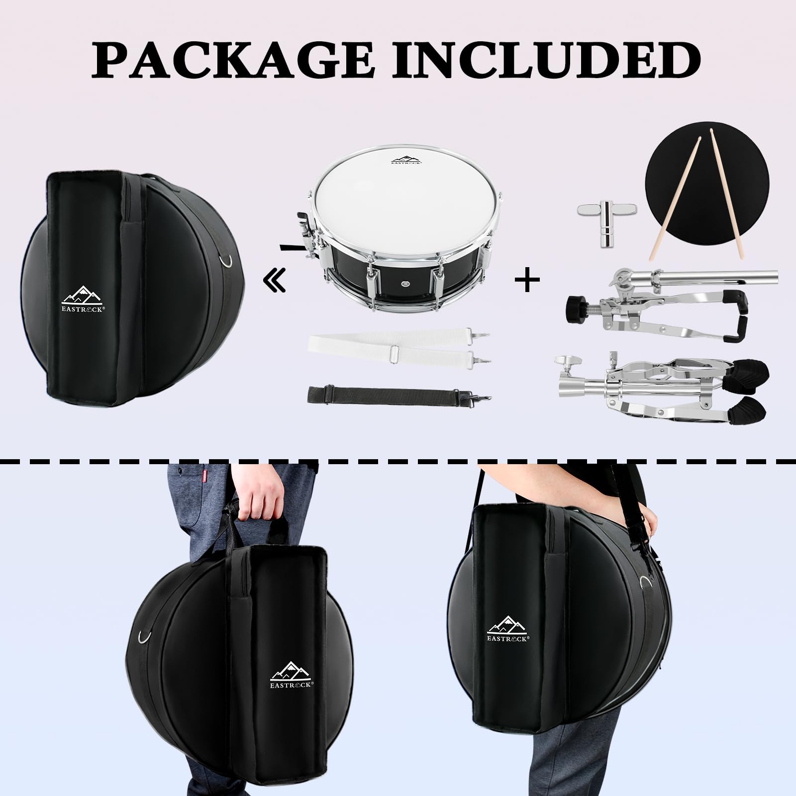 EASTROCK Snare Drum 14X5.5 Zoll für Erwachsene,Anfänger,mit Ständer,Schwarz