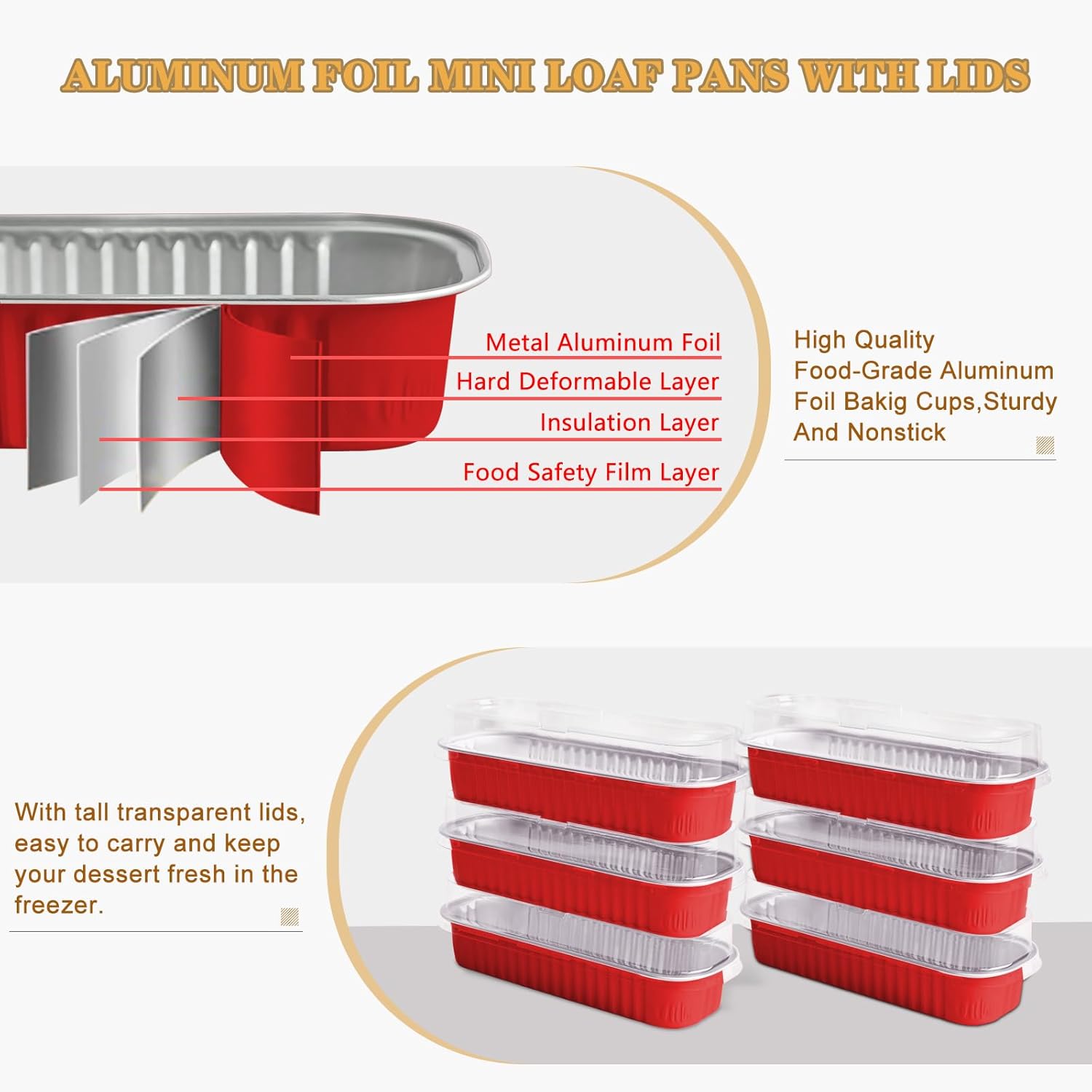 ミニケーキパン 蓋とスプーン付き 50個パック、7.2オンス 長方形ミニローフパン 使い捨てアルミホイルベーキングカップ マフィン缶