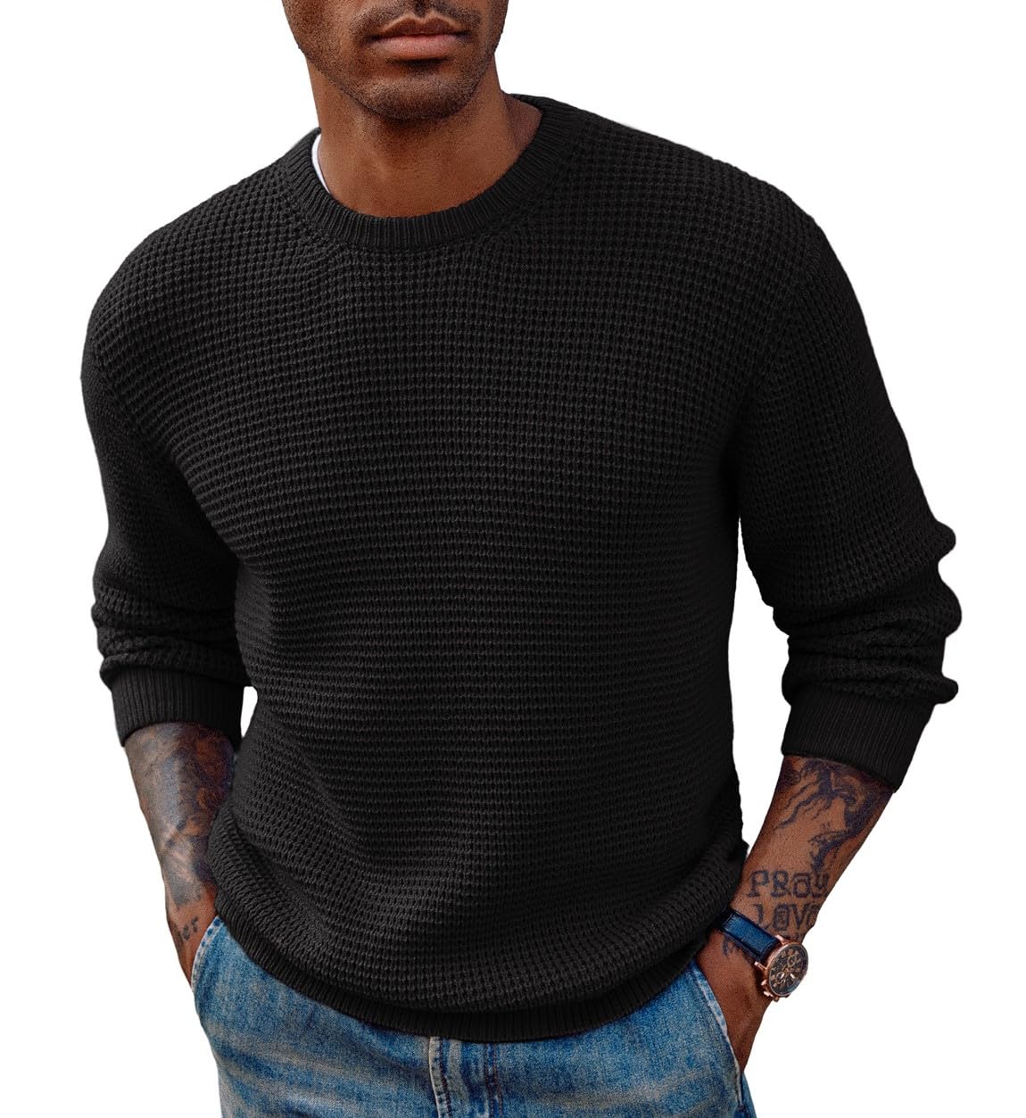 PJ PAUL JONES Mens Pullover Sweater Waffle Textured Long Sleeve Knitted Sweaters