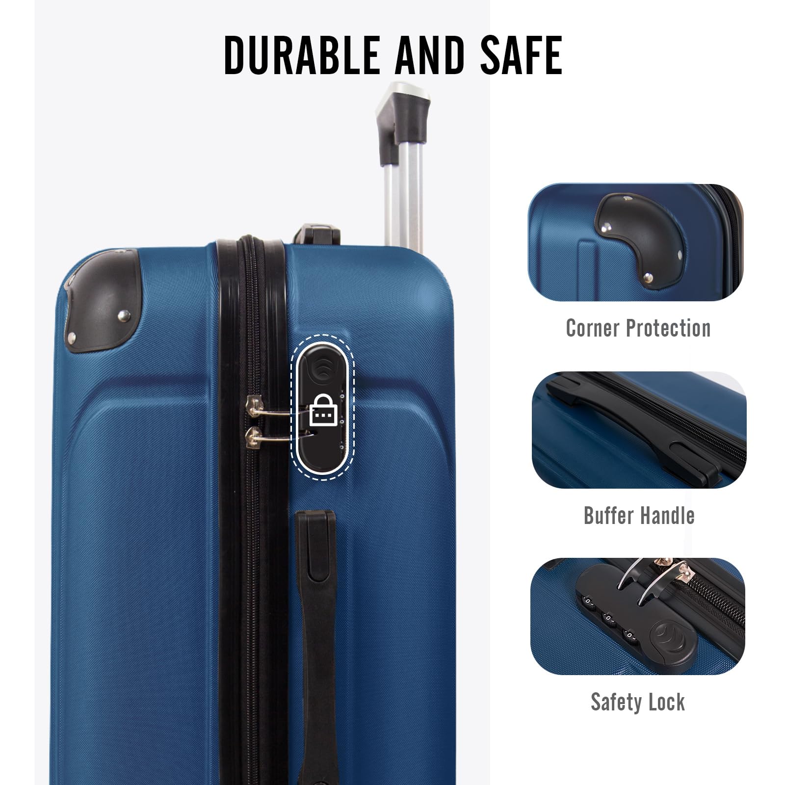 Todeco Valise Moyenne Taille 68cm, Valise de Voyage Rigide et Légère en ABS, Bagage à roulettes avec 4 Doubles Roues Pivotantes 360°, 68x45x26cm, 58-66L, Bleu foncé