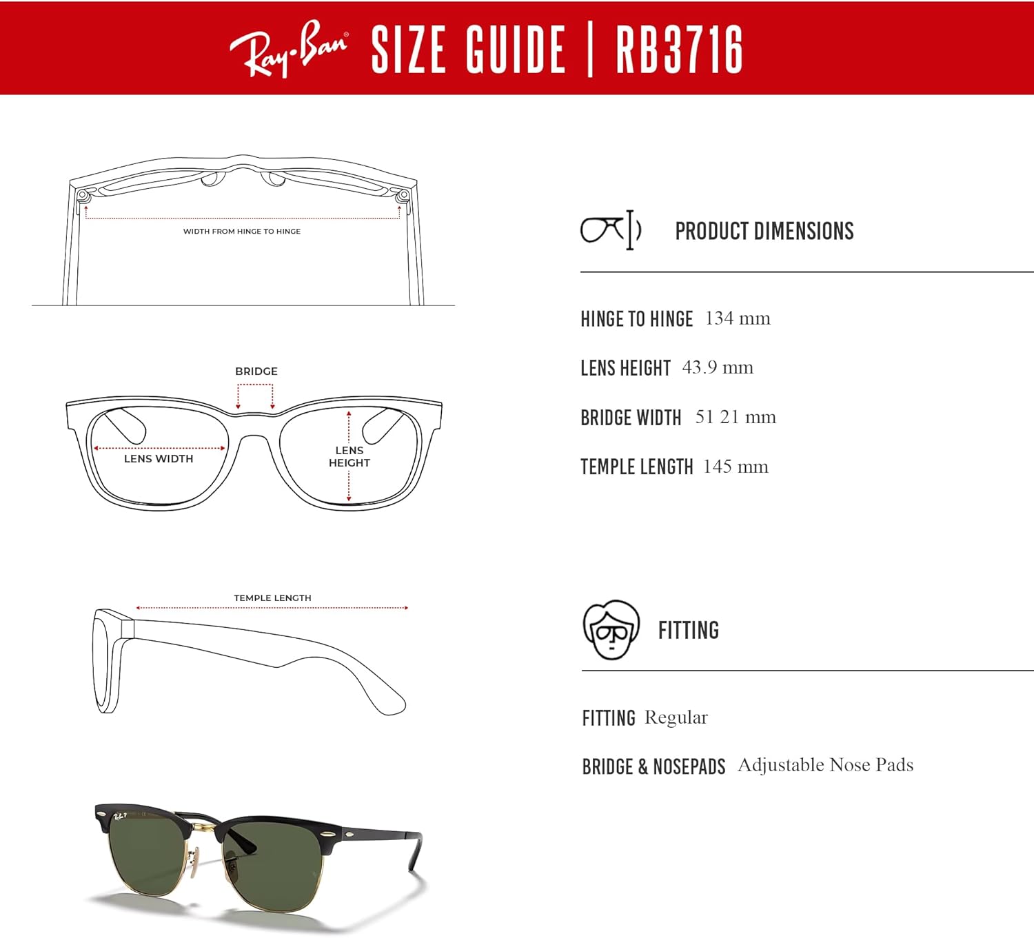 Ray-Ban RB3716 CLUBMASTER METAL Square Sunglasses For Men For Women +BUNDLE with ACCESSORY EYEWEAR KIT - Image 6