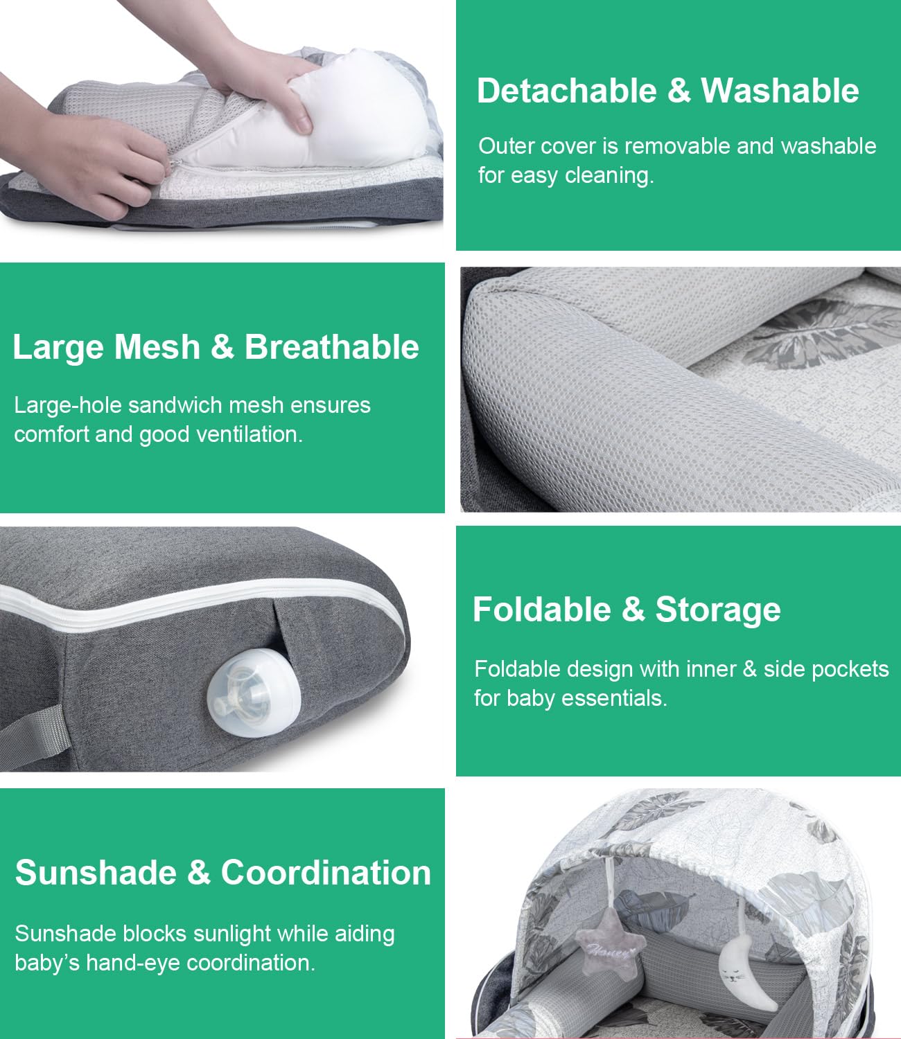 Baby Lounger with Canopy, Foldable Portable Infant Support Cushion for 0-12 Months Newborn, Soft Breathable Washable Baby Nest with Adorable Pattern, Perfect for Home Outdoor Supervised Awake Time