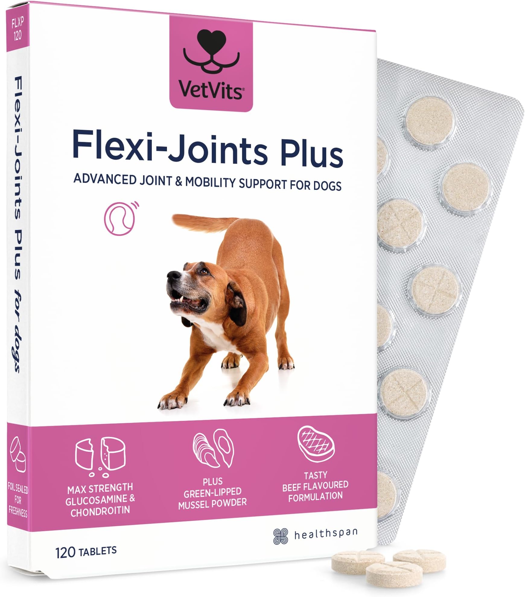 Flexi-Joints Plus For Dogs (120 Tablets) | 500mg Pure Glucosamine HCI Providing 40% More Glucosamine Than The Standard 2KCI Form | With Chondroitin | Beef Flavour