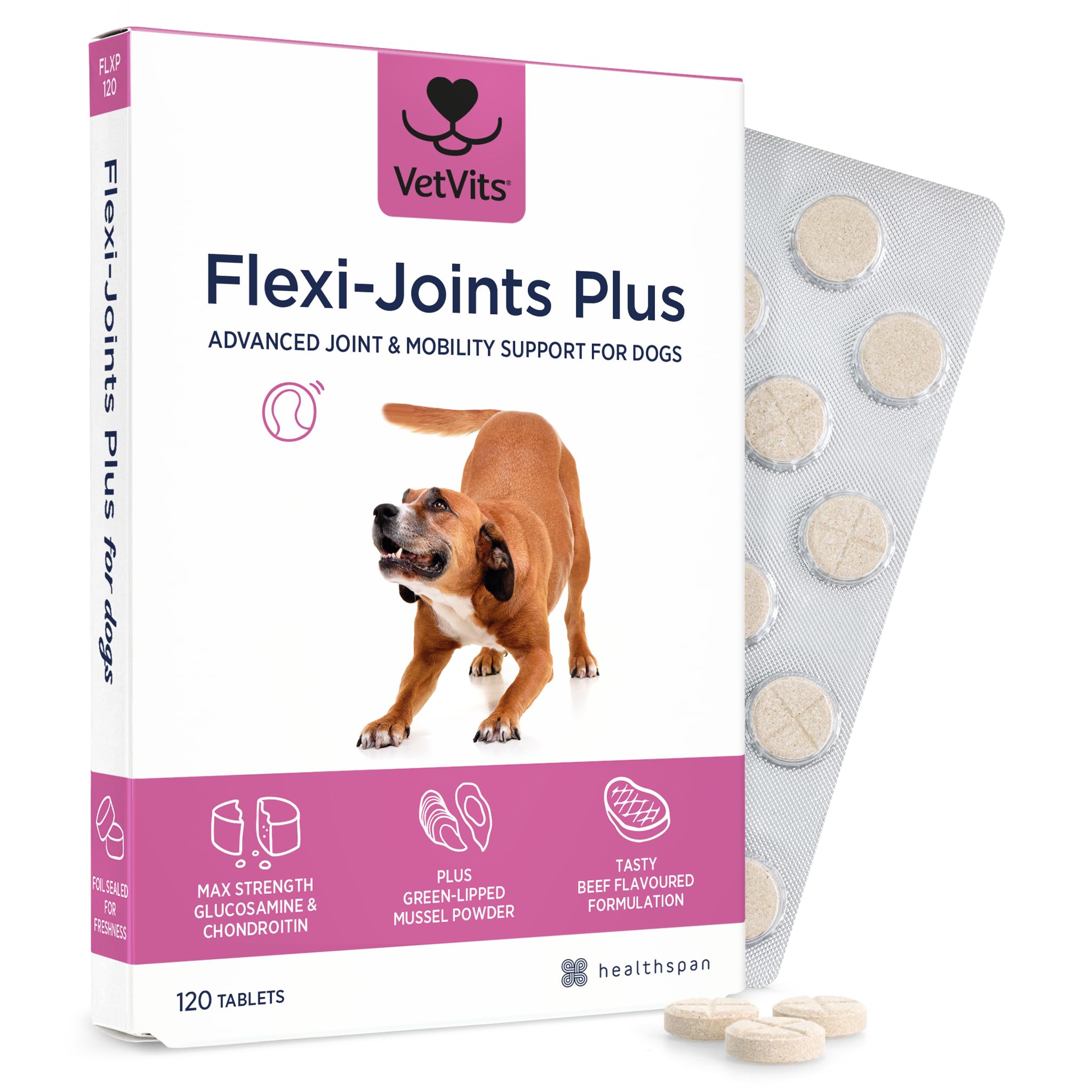 Flexi-Joints Plus For Dogs (120 Tablets) | 500mg Pure Glucosamine HCI Providing 40% More Glucosamine Than The Standard 2KCI Form | With Chondroitin | Beef Flavour
