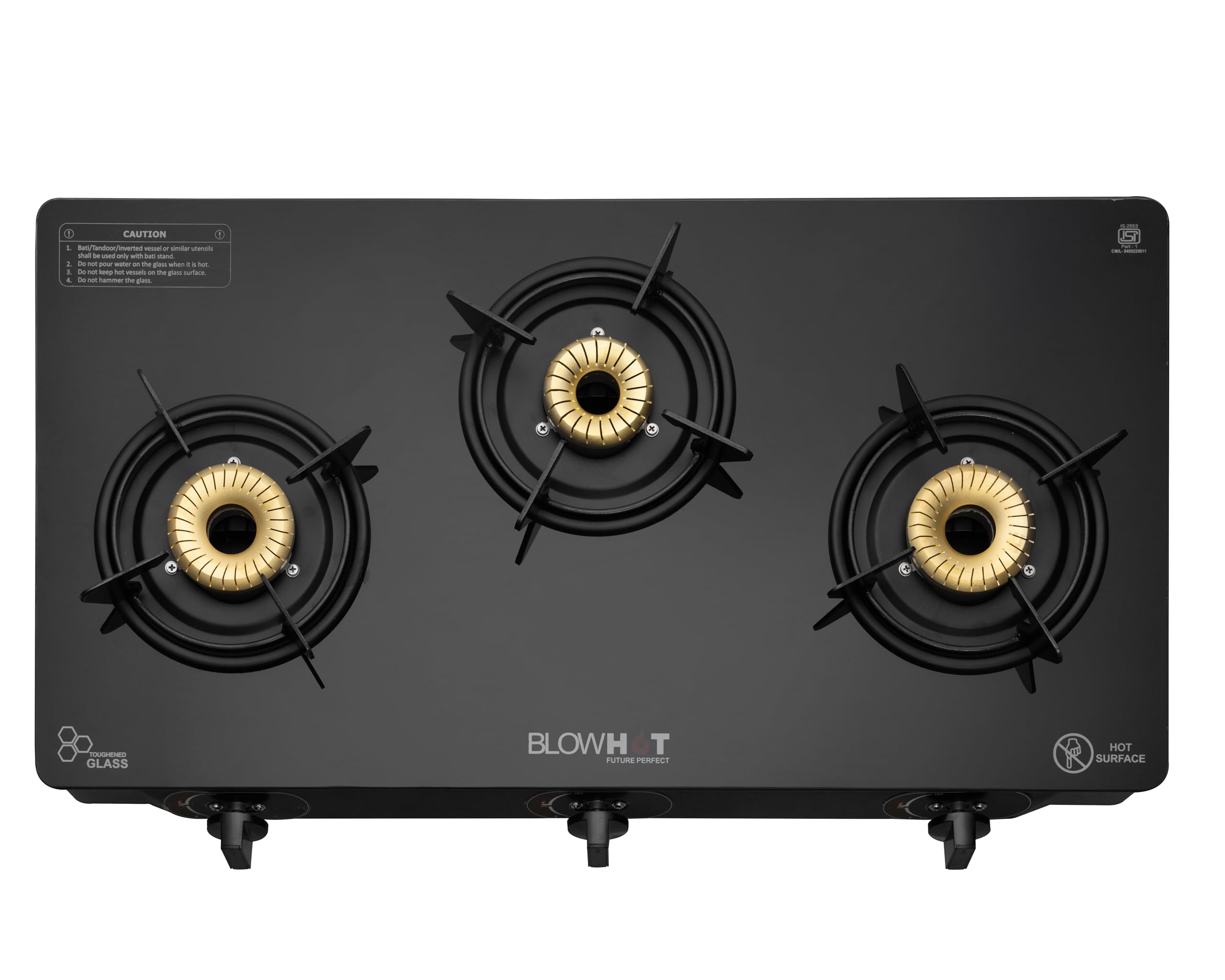 Blowhot Auto Ignition 3 Burners Gas Stove Cooktop for Kitchen - Tornado Brass Burner, Toughened Glass Top for Modular Kitchen, ISI Certified & LPG Compatible - 1 Year General Warranty (Black, Pearl)-image-18