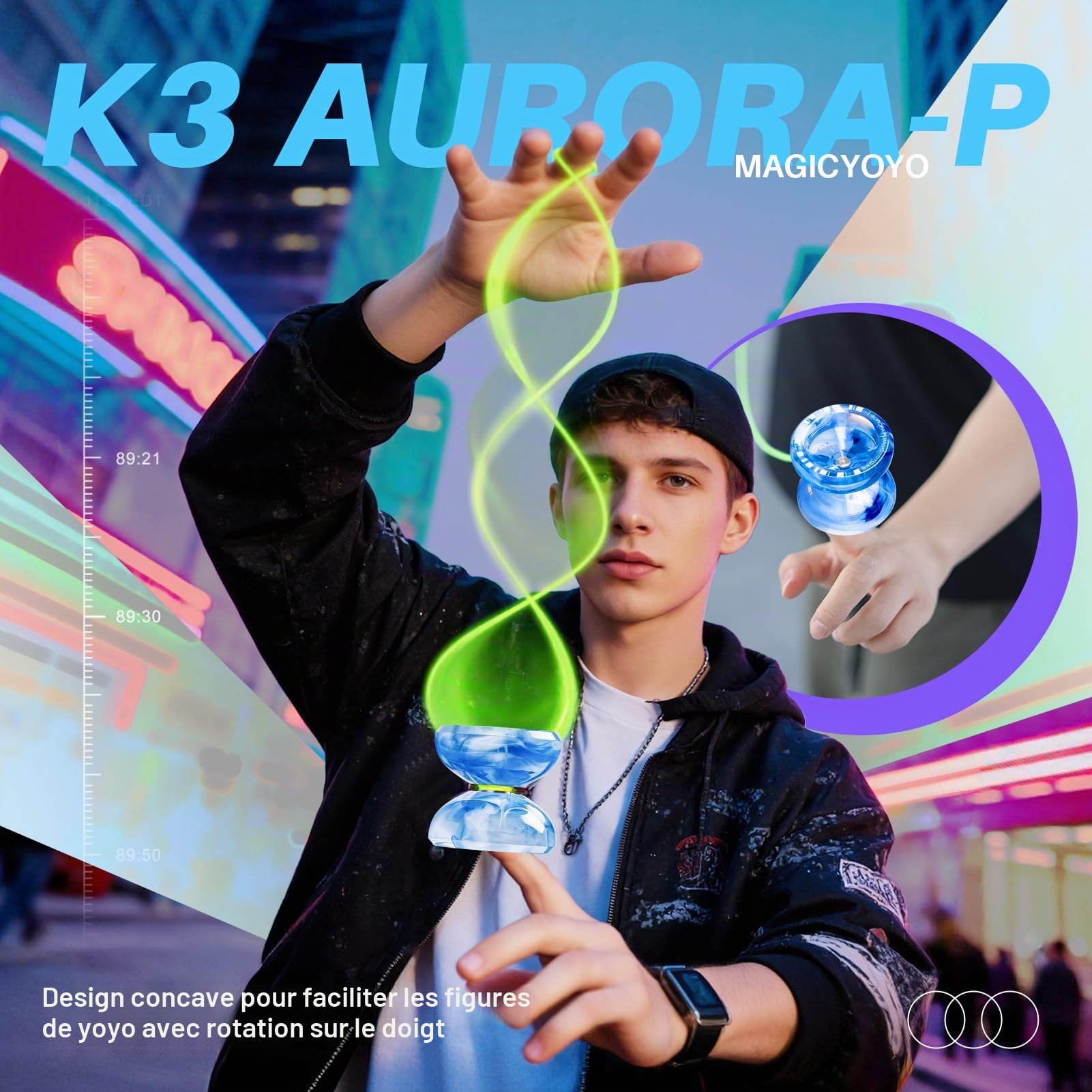 MAGICYOYO JoJo K3 Aurora-p, Yoyo professionnel pour spin, yo-yo réactif et non réactif pour débutants et avancés, avec 12 cordes Yoyo et kit d'accessoires Yo