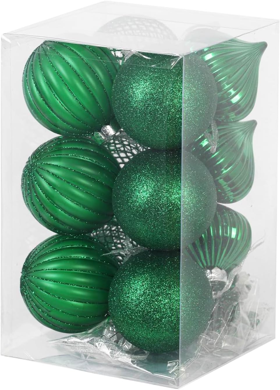 Green Ornaments for Christmas Tree Holiday Xmas Decorations, Shatterproof Plastic 3.15 Balls, Icicles and Snowflakes, 28-Piece Ornament Set