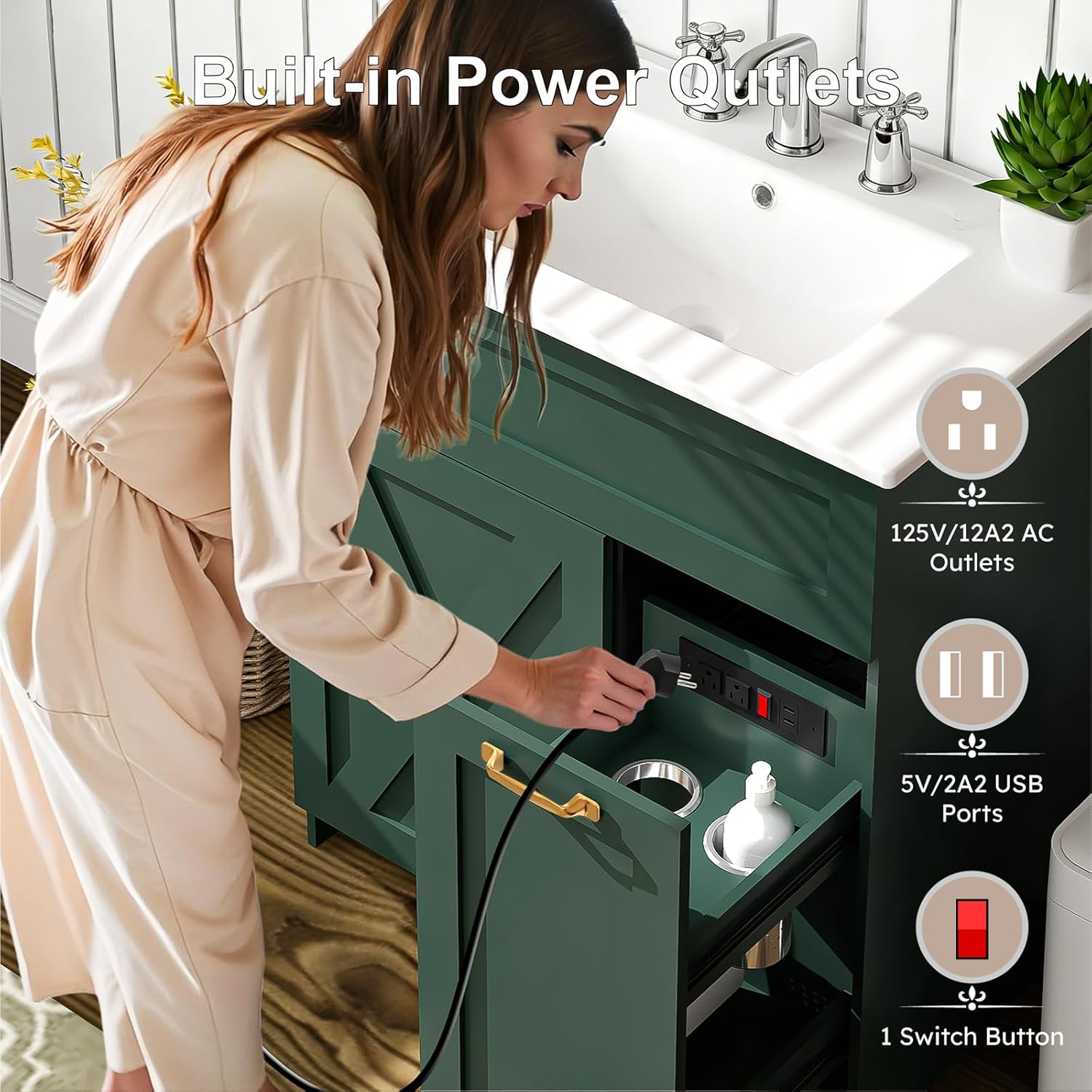 30" Bathroom Vanity with Sink, Solid Wood Frame Bathroom Cabinet Set, Featuring 2 Power Outlets, 2 USB Ports, a Switch Button, 2 Drawers, Soft-Close Doors with Organizers, Green