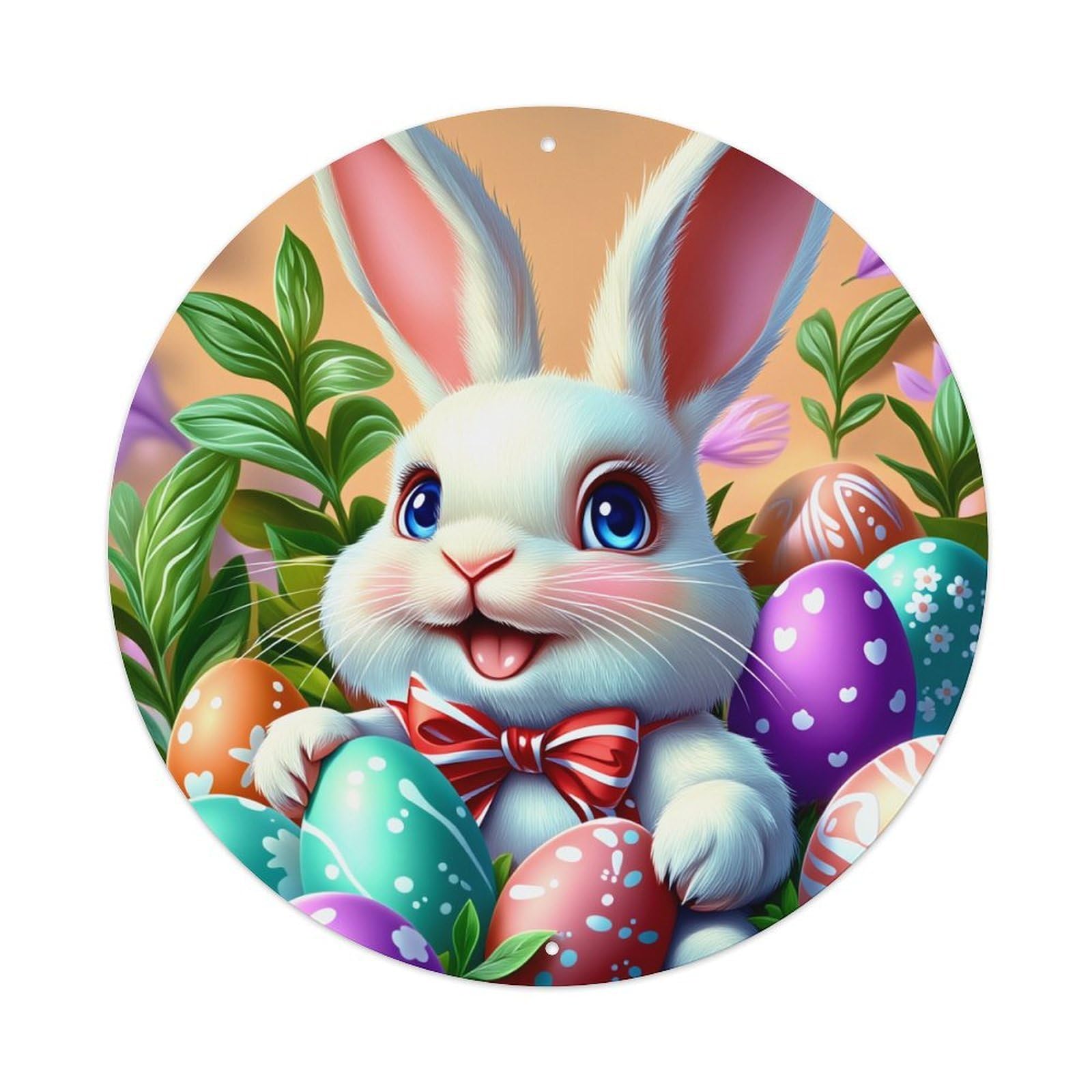 Easter Bunny Eggs Flowers Bowtie Round Tin Sign Vintage Metal Poster, Home Bar Garage Man Cave Cafe Indoor & Outdoor Wall Decoration 8x8Inches