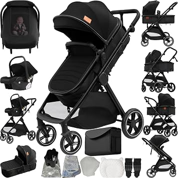 3 in 1 Baby Stroller Travel System, Pushchair 3 in 1 Set, Toddler Pram with Reversible Two Pushing Modes, Newborn Buggy Aluminum Frame, Infant Carriage One-Click Folding V10 Black