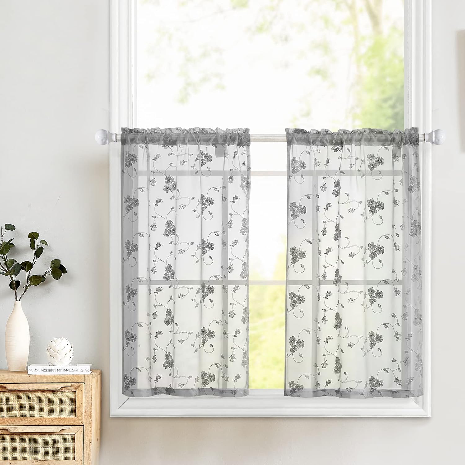 Lazzzy Grey Sheer Kitchen Curtains Cafe Curtains Floral
