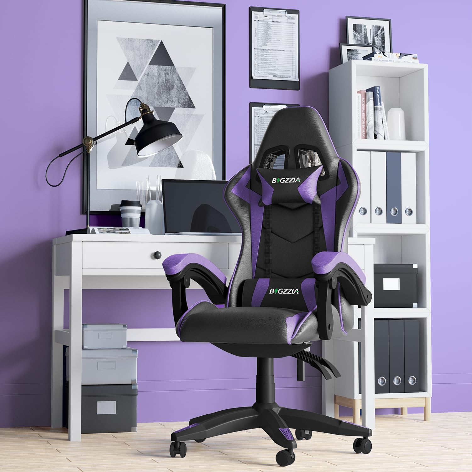 bigzzia Sedia da Gaming, Ergonomica, Per Gamer, con Cuscino Lombare e Poggiatesta, Regolabile in Altezza, Sedia Per Computer, Per Ufficio (Viola)