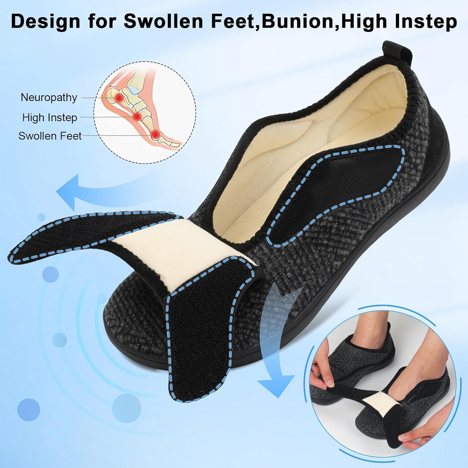 Mens Wide Slippers Comfy Diabetic Orthopedic Shoes Adjustable House Slippers Swollen Feet Walking Shoes - Image 2