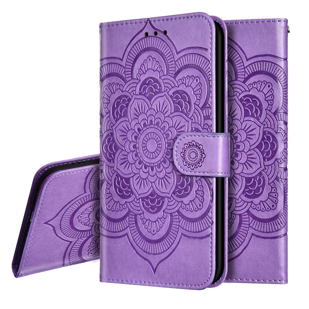 OOPKINS PU Leather Case Compatible with iPhone 13 Mandala Embossed Design Phone Case Flip Notebook Wallet Card Slot Holder Magnetic Stand Cover for iPhone 13 Mandala Purple LD