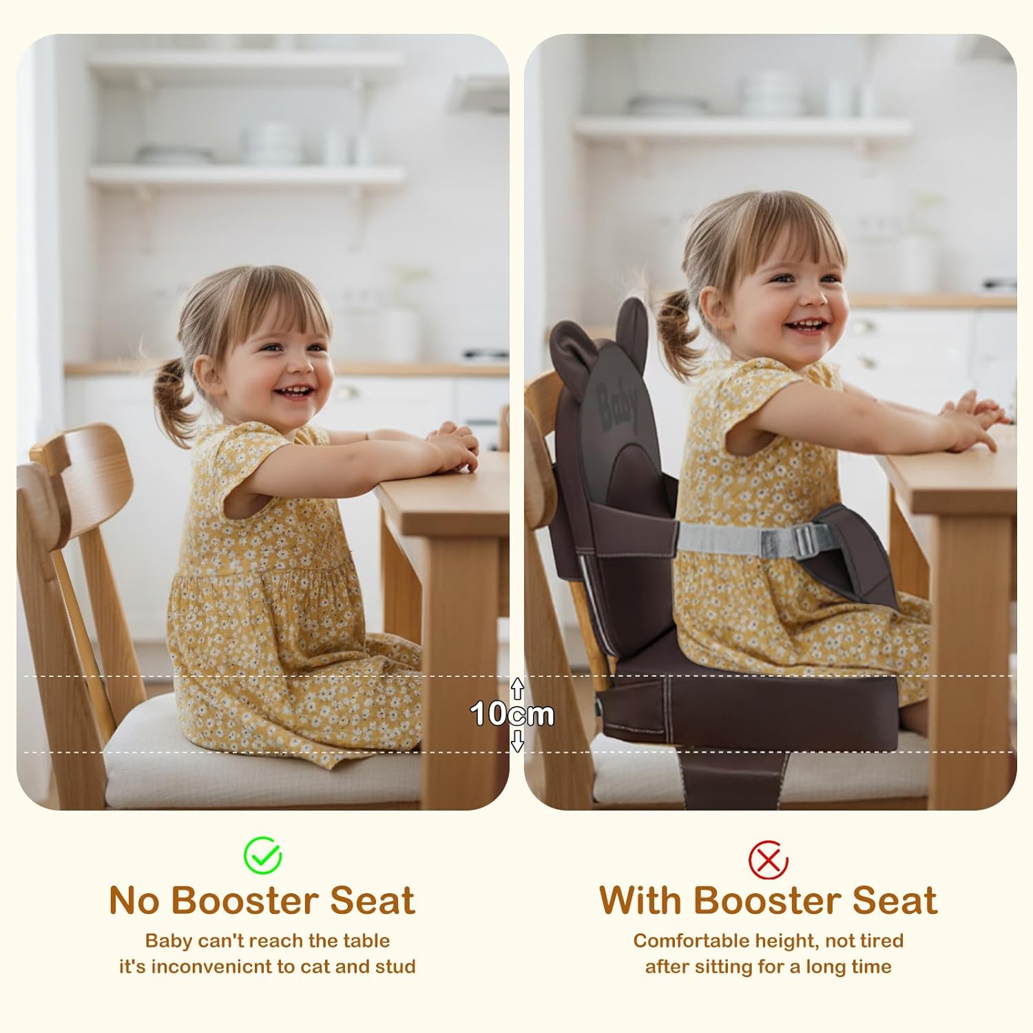 Booster Seat for Dining Table,Toddler Kids Boys Girls Portable PU Waterproof Travel Baby Boosters Increasing Cushion with Backrest and Adjustable Strap (Khaki, OneSize)