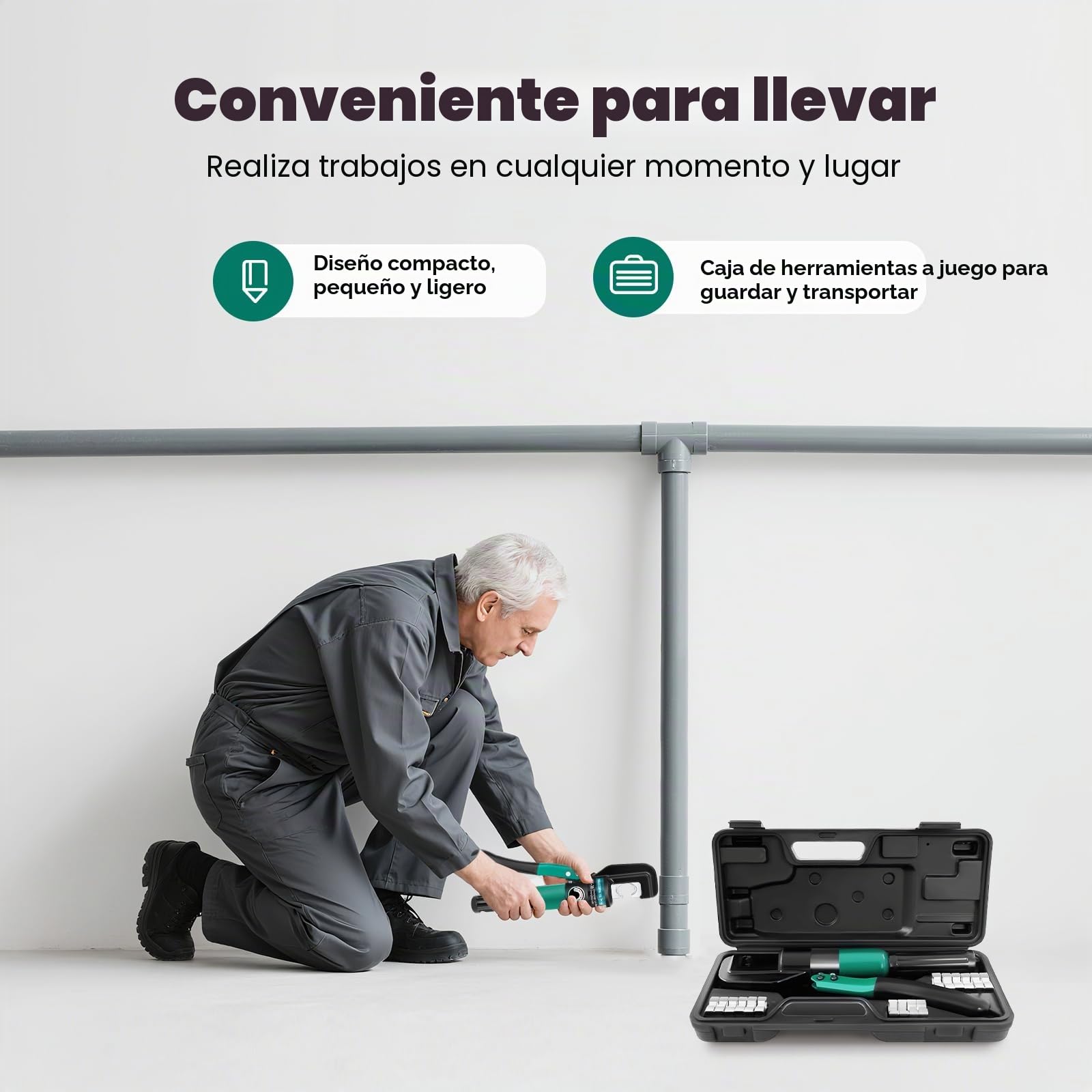 Juego de alicates de prensa hidráulicos y alicates profesionales para prensar tubos, crimpadora con cabezal giratorio de 360° y 8 matrices (4-70 mm²), herramienta de presión para tubos de aluminio