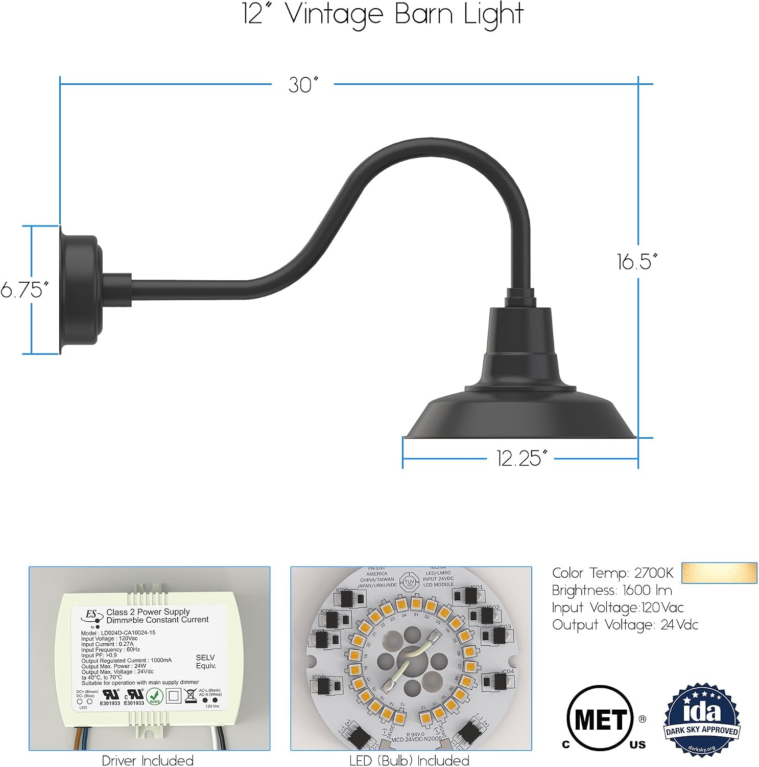 12" Vintage Gooseneck Barn Light with Contemporary Arm in Matte Black