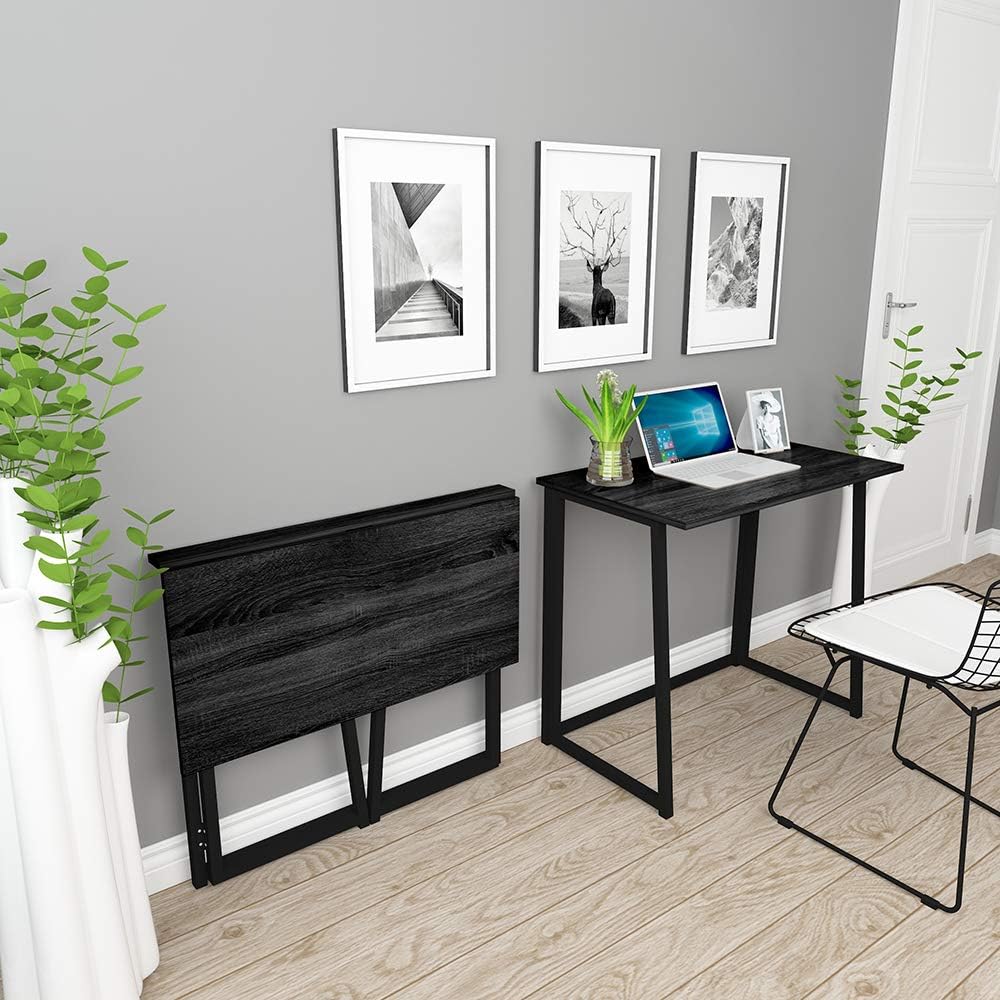 THKKY No-Assembly Folding Desk, 31.5" Small Computer Desk Home Office Desk Foldable Table Study Writing Desk Workstation for Small Space Offices (Gray & Black)