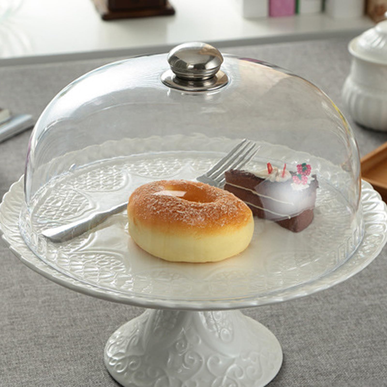 Alzatina per Dolci in Ceramica Beige Decorazione a Rilievo, Leggera e Elegante, per Esposizione di Cupcake e Dolci a Feste e Compleanni
