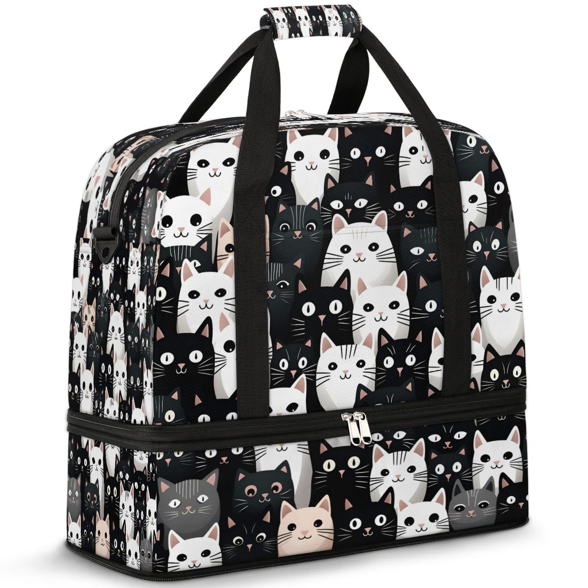 Snatocys Sports Duffel Bag, Foldable Cute Cat Travel Duffel Bags, Gym Yoga Beach Bag Weekender Overnight Bag with Shoes Compartment for Men, Cat Theme