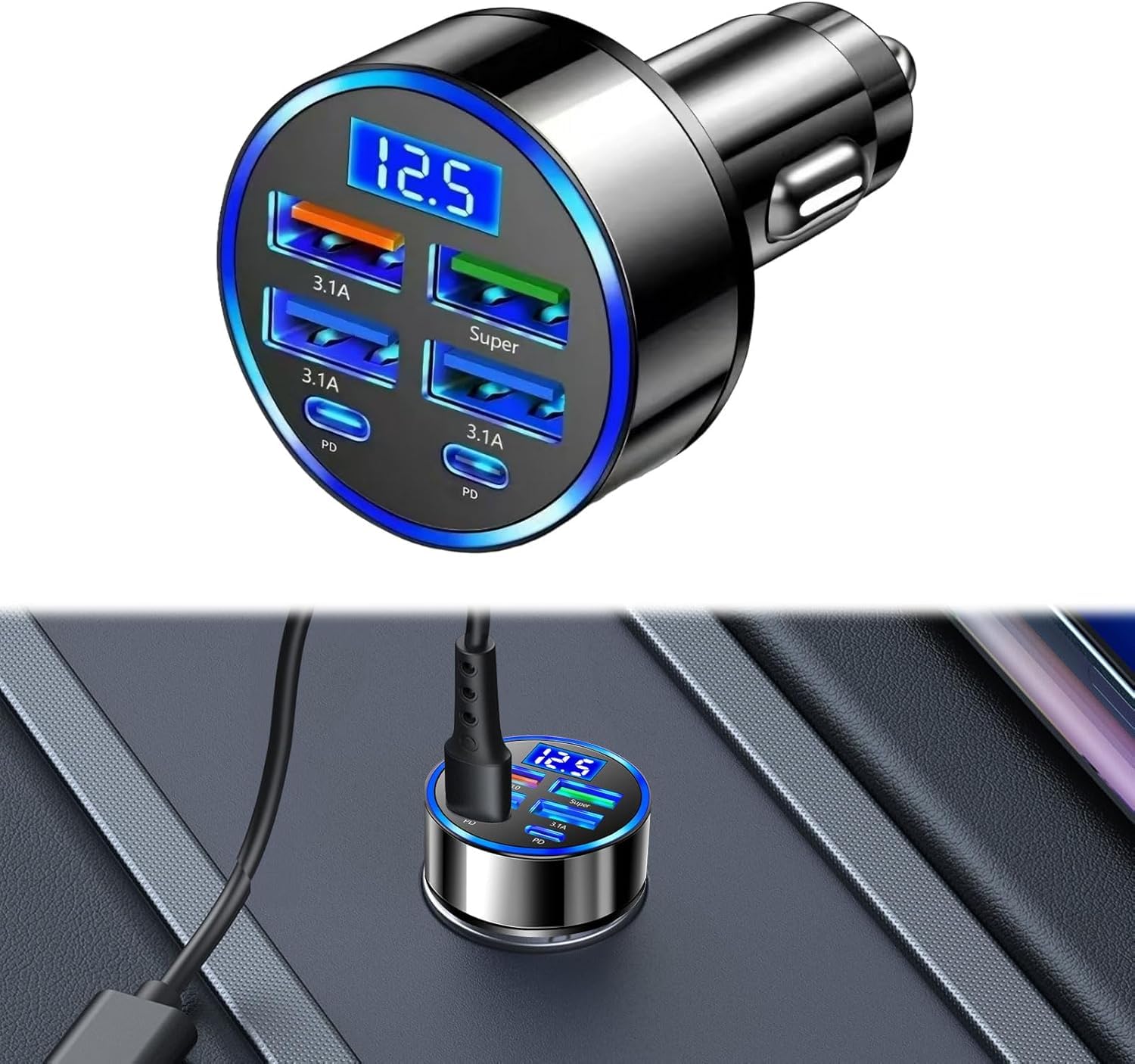 BLIXAR 6 in 1 USB C Car Charger Adapter, 66W Super Fast Charging Cigarette Lighter USB Charger Socket 12-24V with LED Voltmeter for iPhone iPad Android Samsung Galaxy-picture-15