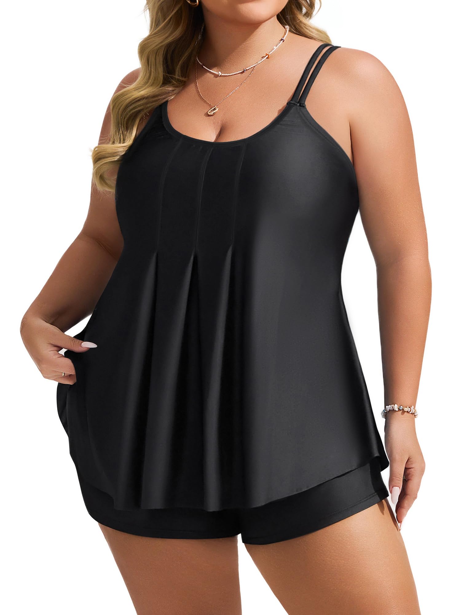 Hanna Nikole Tankini Damen Große Größen Zweiteiliger Fließend Tankini-Tops und High Waist Badeshorts Komfortabel Bauchweg Badeanzug Bademode Verstellbare doppelte Schultergurte Elegant Schwimmanzug