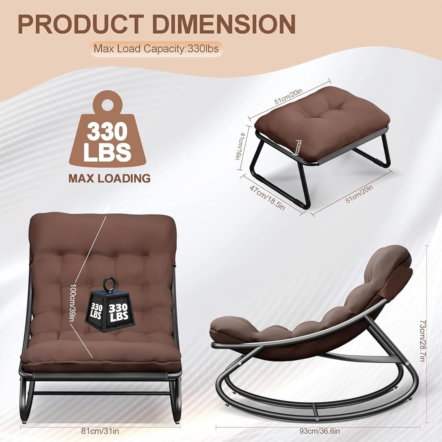 Sedia a dondolo con sgabello, sedia a dondolo, sedia a dondolo, per soggiorno, sedia da lettura con imbottitura, per esterni, fino a 150 kg, per balcone, giardino (marrone-1, 100 x 77 x 70 cm)