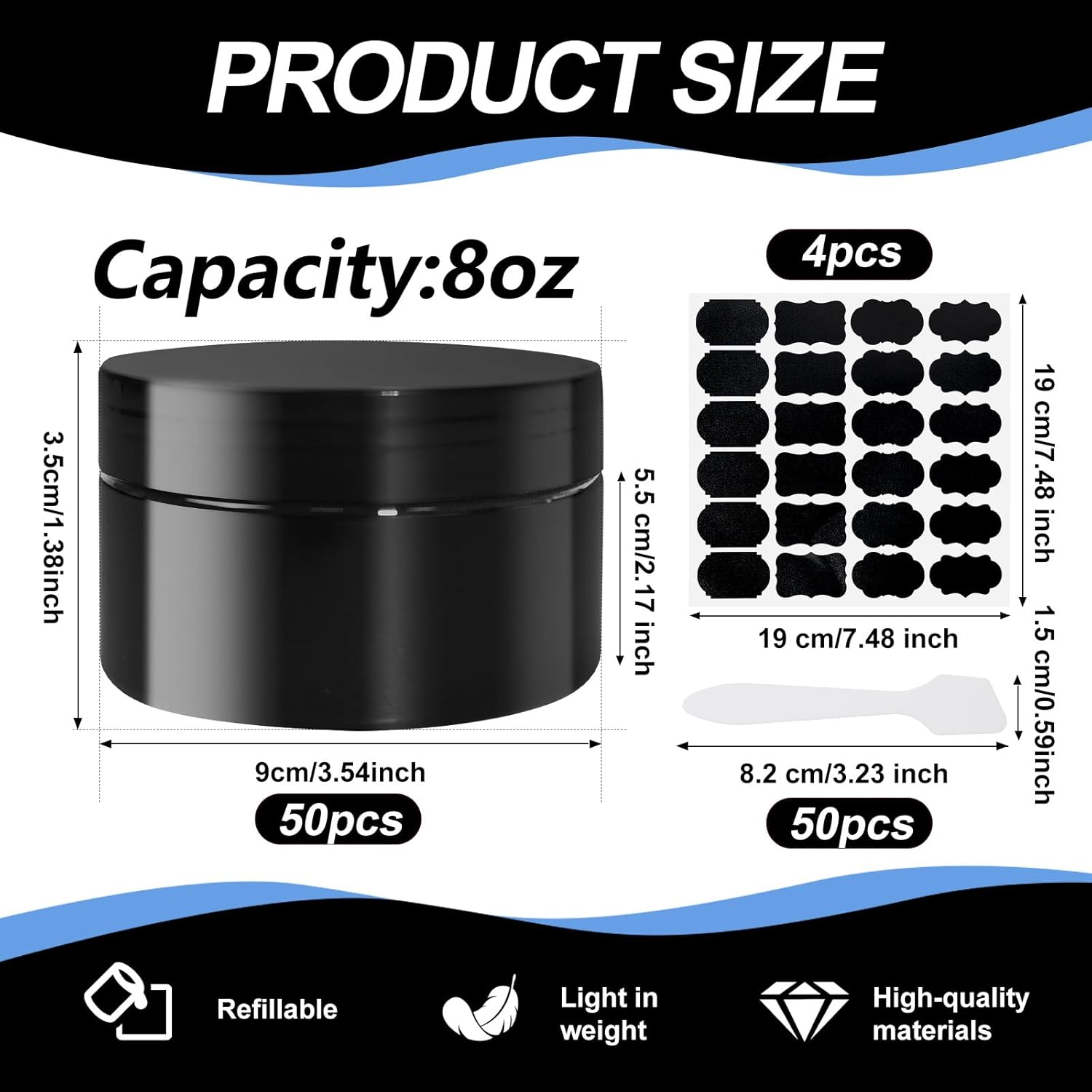 50 Pcs Plastic Jars with Lid 8 oz Plastic Cosmetic Containers Round Lotion Sample Containers Leak Proof Empty Cosmetic Jars Refillable Travel Jars for Storage Cream Powder Ointment Supplies(Black)