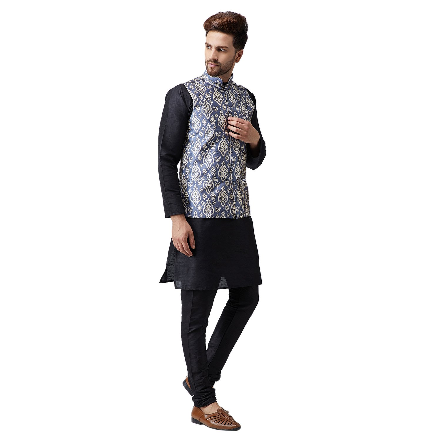 Sojanya (Since 1958, Men's Silk Kurta Pyjama & Printed Nehru Jacket Set