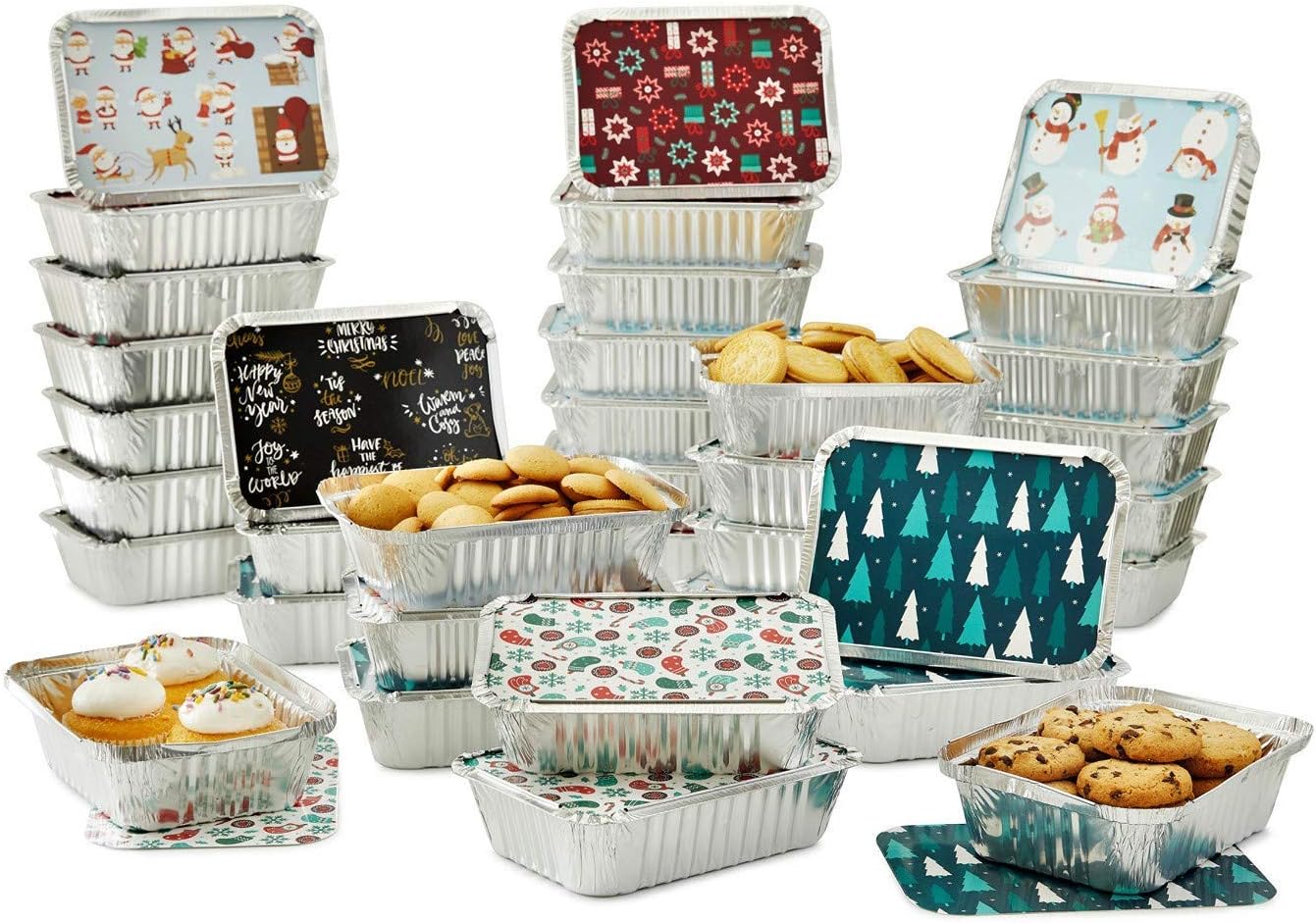 Set of 36 Christmas Treat Foil Containers - 6 Holiday Designs, Snowman & Santa Festive Cover Print - 7"L x 5"W x 1.5"D - Disposable Food Storage Pan for Party Leftovers or Cookie Exchange