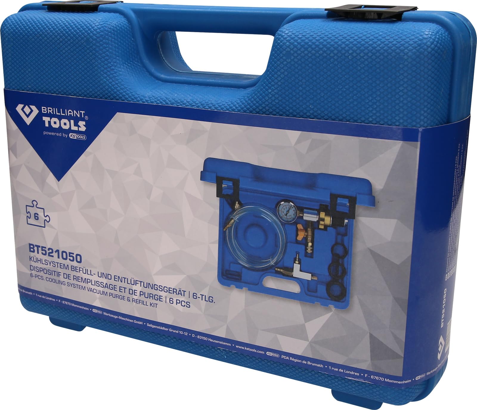 BRILLIANT TOOLS BT521050 Kühlsystem Befüll- und Entlüftungsgerät | 6-tlg. [Powered by KS TOOLS], Mit Stabilem Blauen Transportkoffer