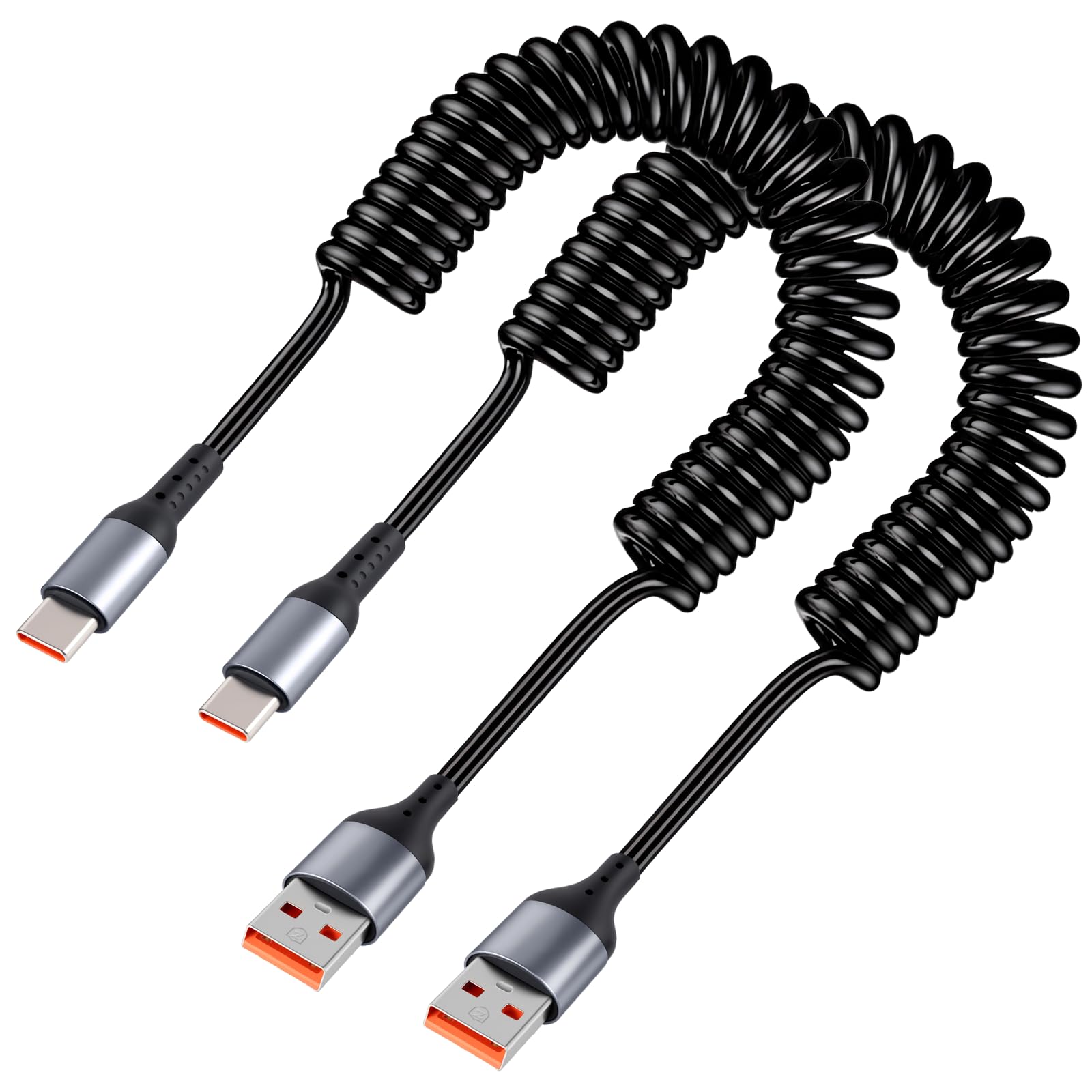 USB-C Spiralkabel Kurz, 2 Stück [30CM-1.8M] PD3.0 Schnellladekabel für Auto, USB-A auf USB-C Android Auto & CarPlay Kabel, Kompatibel mit für Phone 15/16/17 Pro Max, für Samg Galaxy - 2 Packungen