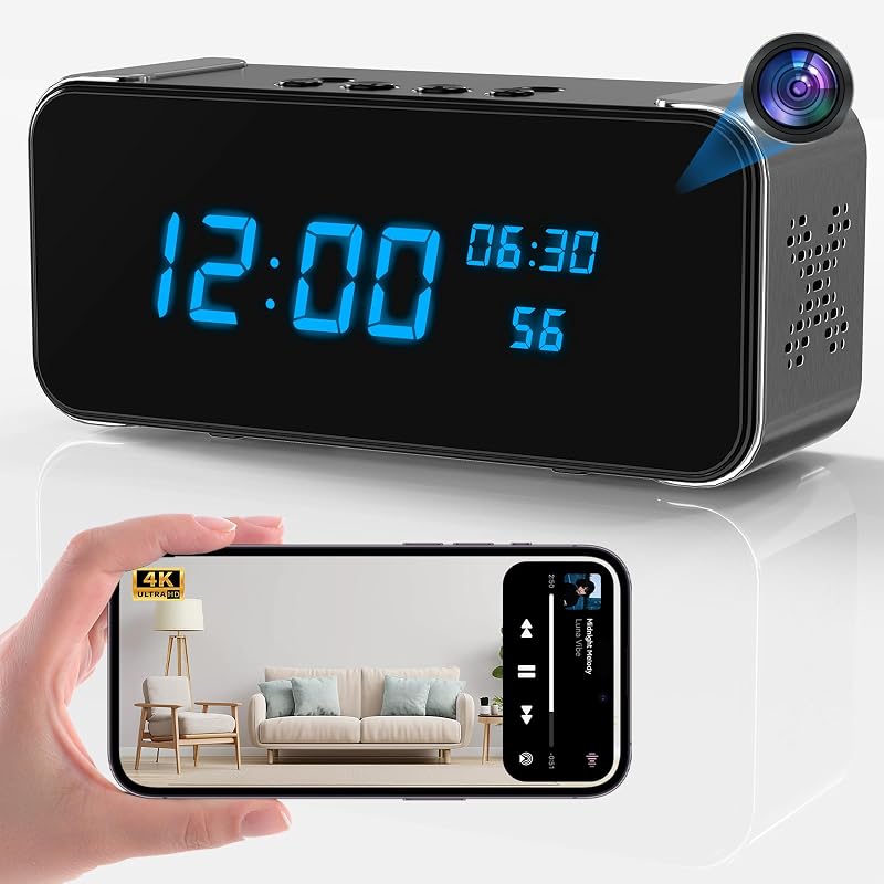 Reloj con cámara oculta con parlante Bluetooth Cámara interior WiFi 4K para seguridad en el hogar - Mini cámara niñera con visión nocturna, detección de movimiento, transmisión remota en vivo