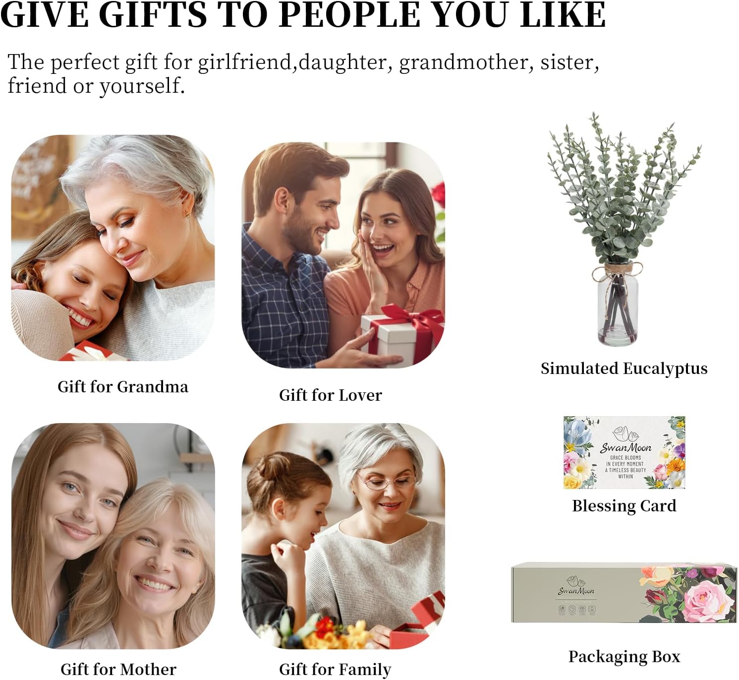 SwanMoon 17.5 Inch Artificial Eucalyptus Stems in Glass Vase with Faux Water, Fake Eucalyptus Leaves and White Seeds for Table Centerpiece, Farmhouse Wedding Home Greenery Decoration - Image 7