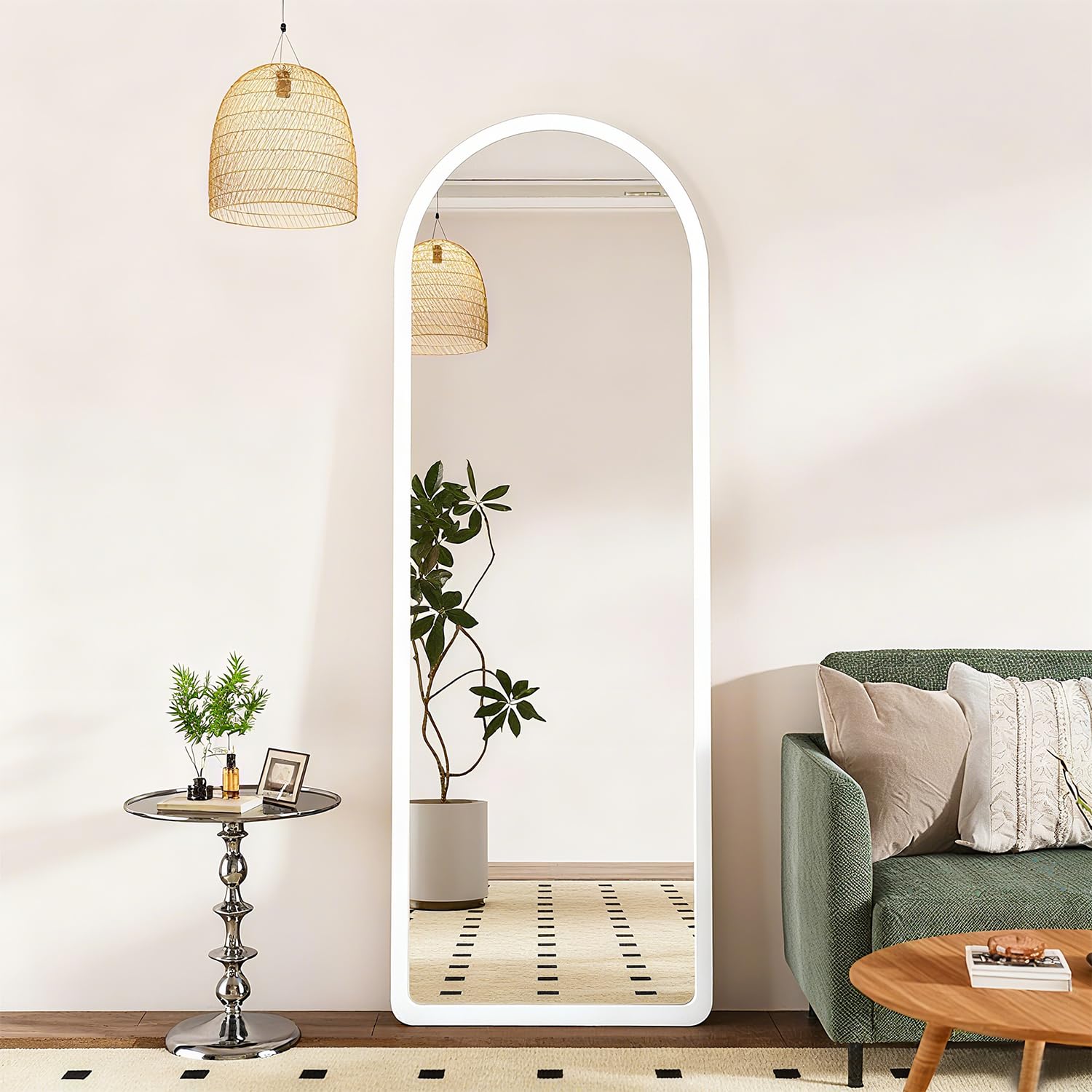 devesanter Bogen Ganzkörperspiegel 49×159 cm Weiß Sockel Standspiegel hängend oder lehnend an die Wand groß Bodenspiegel für Schlafzimmer Wohnzimmer oder Ankleidezimmer (Weiß)