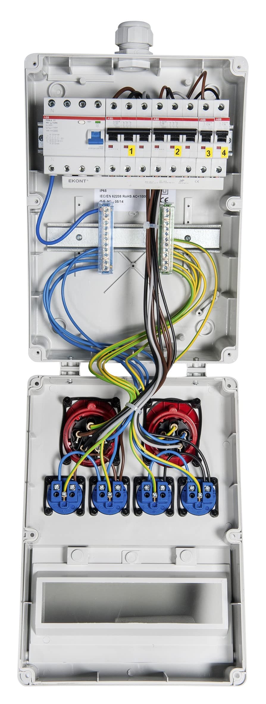 Wandverteiler - verdrahtet"WÜRZBURG" mit FI-Schalter Steckdose 230 V~ 2, CEE 16 A, 400 V~ 1, CEE 32 A, 400 V~ 1, LS 16 A, 1-polig, C 2, LS 16 A, 3-polig, C 1, LS 32 A, 3-polig, C 1